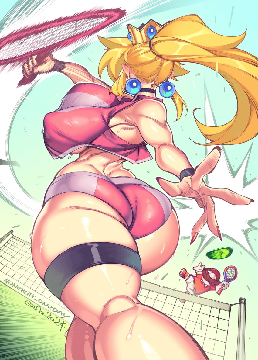 1boy, 1girls, ass, big ass, big breasts, big butt, big thighs, blonde female, blonde hair, booty shorts, breasts, choker, clothing, covered nipples, crown, ear piercing, emphasis lines, female, fully clothed, gofa, large ass, large butt, large thighs, male, male/female, mario, mario (series), mario tennis, nintendo, nipple bulge, pink shorts, ponytail, princess peach, red fingernails, round ass, skindentation, super mario bros., sweat, tennis, tennis racket, tennis uniform, thick thighs, thigh strap, thighs