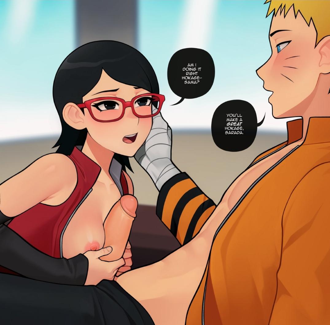 age difference, black hair, boruto: naruto next generations, clothed, clothed sex, dialogue, english, english dialogue, english text, glasses, handjob, height difference, loodncrood, male, naruto, naruto (series), older male, paizuri, sarada uchiha, uzumaki naruto