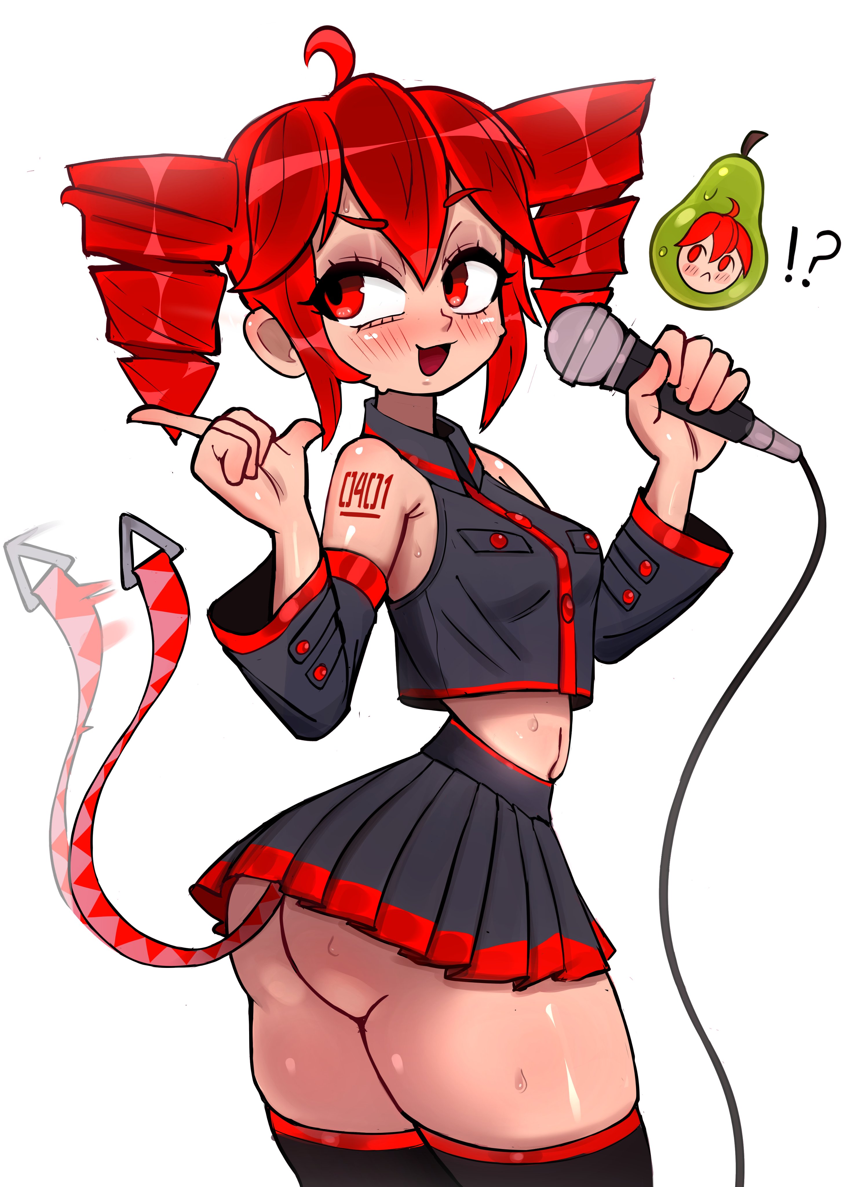 !?, 1girls, 2d, 2d (artwork), ahoge, arm tattoo, armpit crease, armpits, ass, ass bigger than head, ass bigger than torso, belly, big ass, big thighs, blush, blush lines, breasts, bubble butt, crop top, cropped jacket, detached sleeves, exposed ass, eyelashes, fat ass, female, female only, glistening, glistening body, hourglass figure, huge ass, huge thighs, ineffective skirt, kasane teto, large ass, large thighs, long eyelashes, looking to the side, medium breasts, microphone, microskirt, miniskirt, navel, no panties, open mouth, pearto, red eyes, red hair, rukisan, shiny skin, simple background, skindentation, skirt, slim waist, solo, solo female, sweat, sweatdrop, sweating, sweating profusely, tail, tattoo, teasing, thick ass, thick thighs, thighhighs, thighs, thighs bigger than head, thighs bigger than torso, tiny waist, twin drills, underass, useless skirt, utau, wagging tail, white background, wide hips