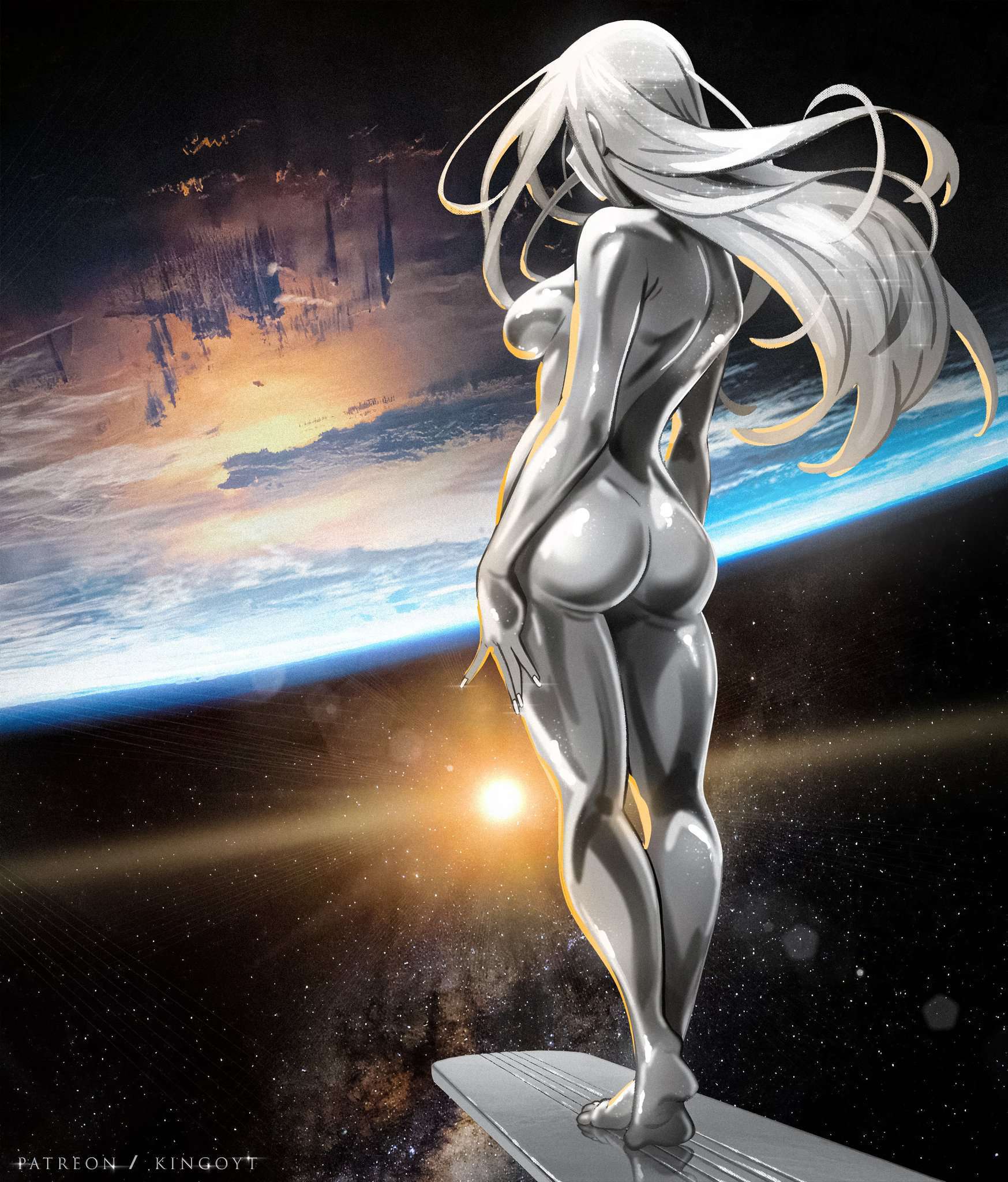 1girls, artist request, ass, breasts, casual, earth, fantastic four, fantastic four: first steps, female, functionally nude, functionally nude female, hand on hip, marvel, marvel comics, nude, one breast visible, shalla-bal, shiny ass, shiny breasts, shiny skin, sideboob, silver hair, silver skin, silver surfer, silver surfer (shalla-bal), source request, space, stars, sun, tagme