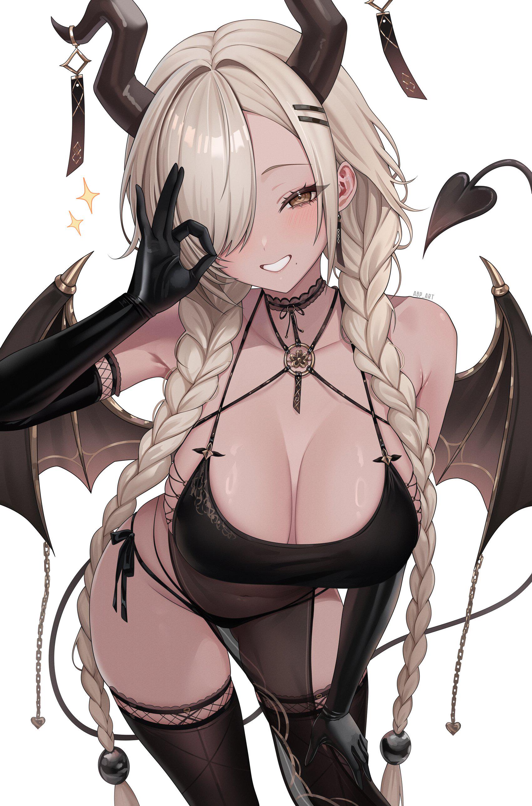 asymmetrical bangs, azur lane, bare shoulders, bat wings, black bikini, black choker, black gloves, black panties, black thighhighs, blonde hair, blush, braid, breasts, brown eyes, cg, choker, cleavage, collarbone, dark skin, dark-skinned female, demon girl, demon horns, demon tail, demon wings, elbow gloves, female, fishnets, gloves, grin, hair ornament, hair over one eye, hairclip, horn ornament, horns, jewelry, large breasts, leaning forward, long bangs, long hair, looking at viewer, low twin braids, mole, mole on breast, mole under eye, mole under mouth, ok sign, owari (azur lane), panties, see-through, simple background, single thighhigh, smile, solo, tail, thighhighs, thighs, twin braids, twintails, underwear, very long hair, white background, wings, yellow eyes