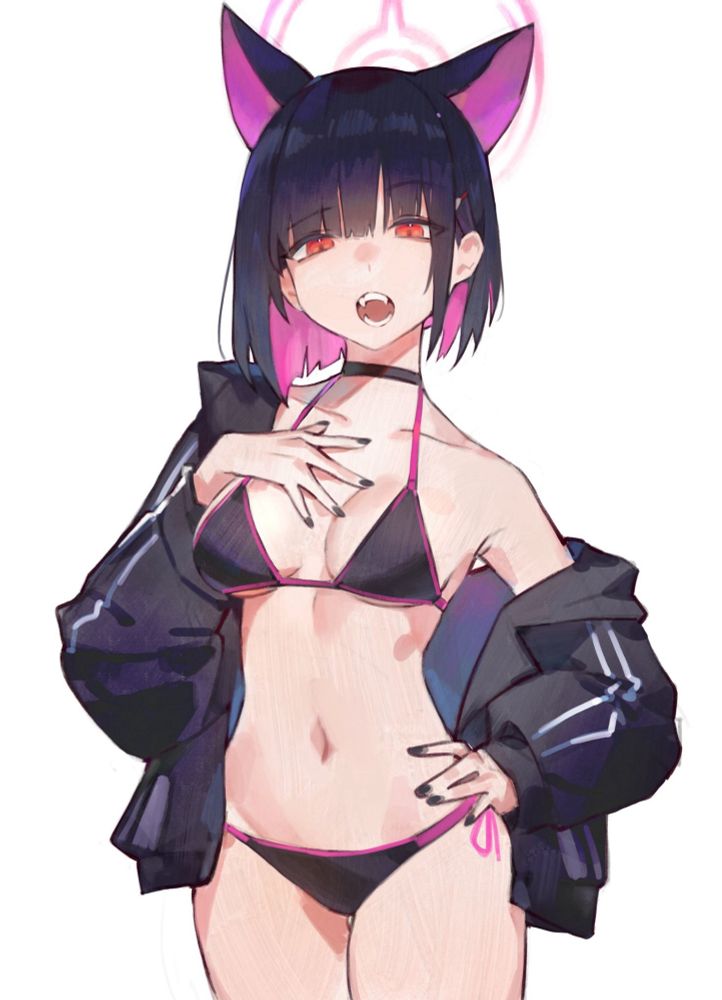 1girls, animal ears, armpits, bare armpits, bare belly, bare chest, bare hands, bare hips, bare legs, bare midriff, bare navel, bare shoulders, bare skin, bare thighs, belly, belly button, bikini, bikini bottom, bikini top, black bikini, black bikini bottom, black bikini top, black coat, black fingernails, black hair, black jacket, black nail polish, black nails, black string bikini, black swimsuit, black swimwear, black-haired female, blue archive, breasts, busty, busty female, busty teenager, choker, cleavage, coat, collarbone, curvaceous, curvaceous body, curvaceous female, curvaceous figure, curvaceous hips, curvaceous teenager, curvy, curvy body, curvy female, curvy figure, curvy hips, diagonal bangs, digital drawing, digital media, elbows, exposed armpits, exposed belly, exposed chest, exposed hips, exposed legs, exposed midriff, exposed navel, exposed shoulders, exposed skin, exposed thighs, eyebrows visible through hair, female, female focus, female only, fingernails, fingers, groin, halo, halterneck, high resolution, high school student, highres, hourglass figure, jacket, kazusa (blue archive), lean figure, looking at viewer, lucadark, medium breasts, medium hair, midriff, multicolored hair, nail polish, nails, narrow waist, navel, open coat, open jacket, open mouth, parted lips, pink hair, pink halo, pink-haired female, schoolgirl, shoulders, simple background, slender body, slender waist, slim waist, solo, standing, string bikini, swimsuit, swimwear, teenage female, teenager, thick thighs, thighs, tongue, upper body, upper teeth, white background, wide hips, young female, young woman