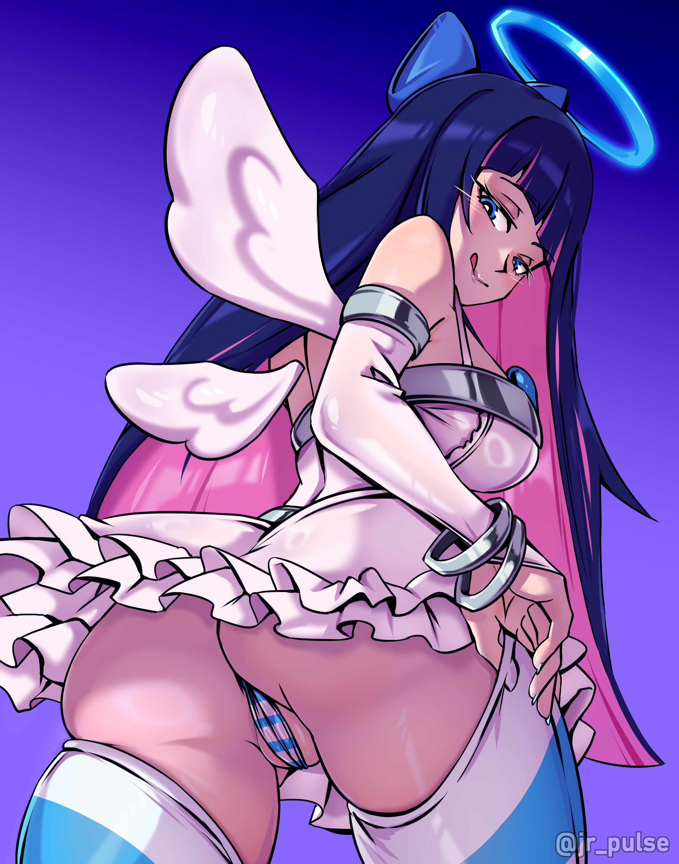1girls, armwear, ass, back, back view, backboob, big ass, big breasts, blue eyes, blue hair, blue nail polish, blue nails, blue panties, bracelet, breasts, clothing, detached sleeves, female, female only, hair ornament, hair ribbon, halo, jrpuls3, legwear, long hair, looking back, nail polish, nails, panties, panty & stocking with garterbelt, pantyshot, pink hair, ribbon, skirt, smile, solo, solo female, stocking anarchy, stockings, striped panties, striped thighhighs, tongue, tongue out, two-tone hair, white skirt, wings