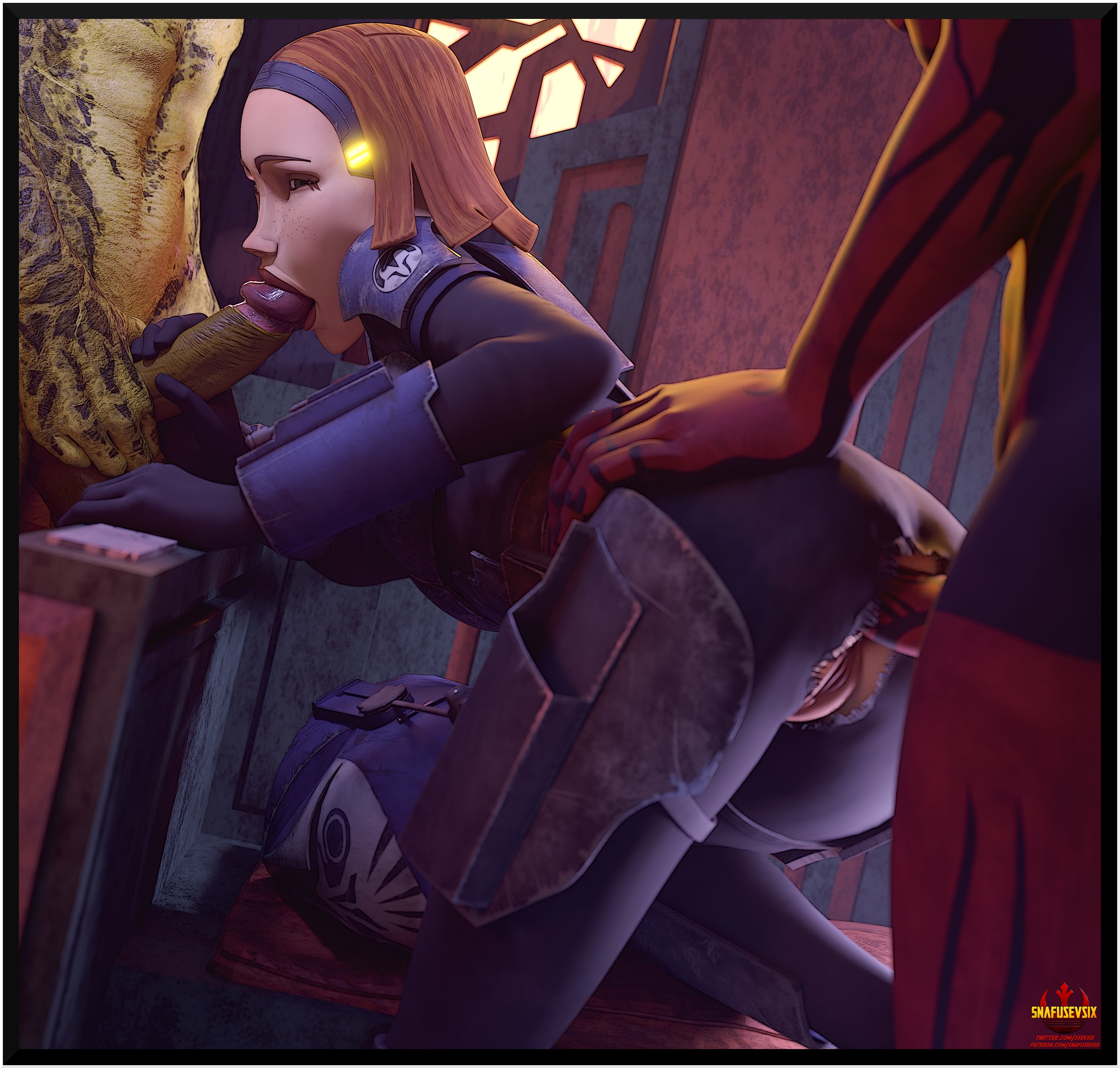 1girls, 2025, 2boys, 3d, 3d (artwork), alien, alien humanoid, anal, anal sex, armor, ass, balls, bending forward, bending over, bent over, blender, blowjob, bo-katan kryze, clone wars, clothed, clothing, darth maul, doggy style, erect penis, erection, fellatio, female, female penetrated, freckles, freckles on face, from behind, from behind position, ginger, ginger hair, green body, green skin, hi res, highres, human, interspecies, leaning, leaning forward, light skin, light-skinned female, lucasfilm, male, male penetrating, male penetrating female, male/female, mandalorian, oral, oral penetration, oral sex, penis, pussy, pussy lips, pussy peek, red hair, ripped clothing, ripped leggings, ripped pants, savage opress, sex, snafusevsix, spitroast, star wars, sucking, sucking penis, sucking tip, the clone wars: season seven, threesome, trio, vagina, watermark, zabrak