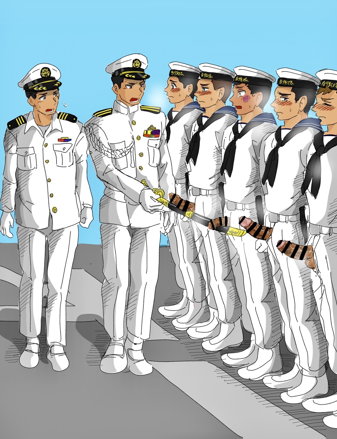 7boys, authority abuse, badge, balls, balls out, battleship, big penis, black hair, blue background, blush, blushing profusely, brown eyes, brown hair, censor bar, censored, censored penis, closed eyes, comparing, comparing penis, crying, crying with eyes open, dark penis, erection, forced, forced exposure, foreskin, foreskin folds, full body, gay, gloves, grey eyes, group, hi res, holding object, holding weapon, imokuma, japan maritime self-defense force, katana, long foreskin, looking away, male, male only, mature male, military, military hat, military uniform, morning, multiple boys, multiple males, multiple penises, navy, navy uniform, neckerchief, original, original character, outdoors, penis, penis out, pointless censoring, retracted foreskin, sailor collar, sailor hat, sailor uniform, scolding, sheath, short hair, simple background, standing, steam, steamy breath, sweat, sweatdrop, tearing up, tears, thick penis, uncircumcised, uncut, unretracted foreskin, unzipped, unzipped pants, veiny penis, white clothing, wide eyed, yaoi