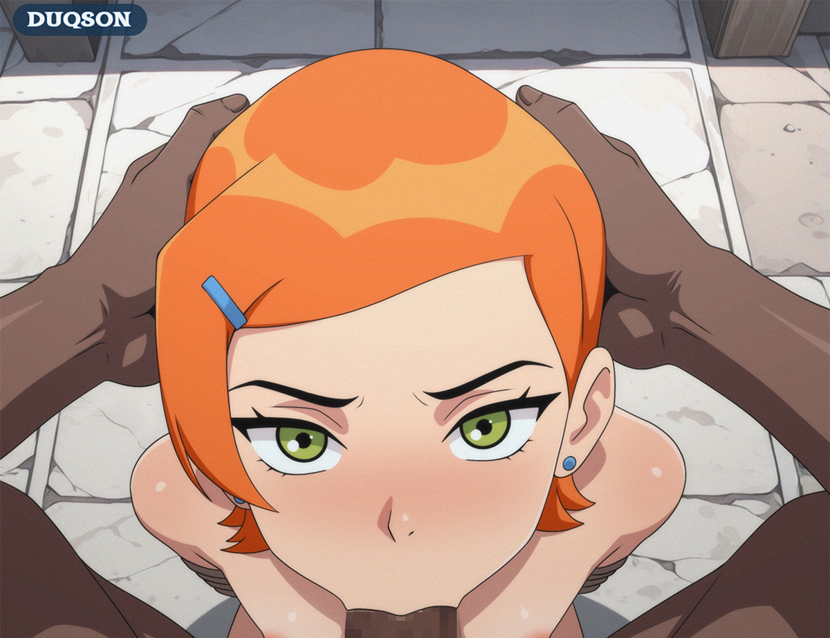 1boy, 1girls, arms behind back, ben 10, ben 10 (classic), blowjob, bondage, breasts, censored, dark skin, dark-skinned male, duqson, fellatio, female, gwen tennyson, gwen tennyson (classic), hand on head, head grab, interracial, light skin, light-skinned female, looking at viewer, male, male pov, male/female, nude, nude female, orange hair, orange-haired female, possible ai, pov, pov eye contact, rope, rope bondage, small breasts