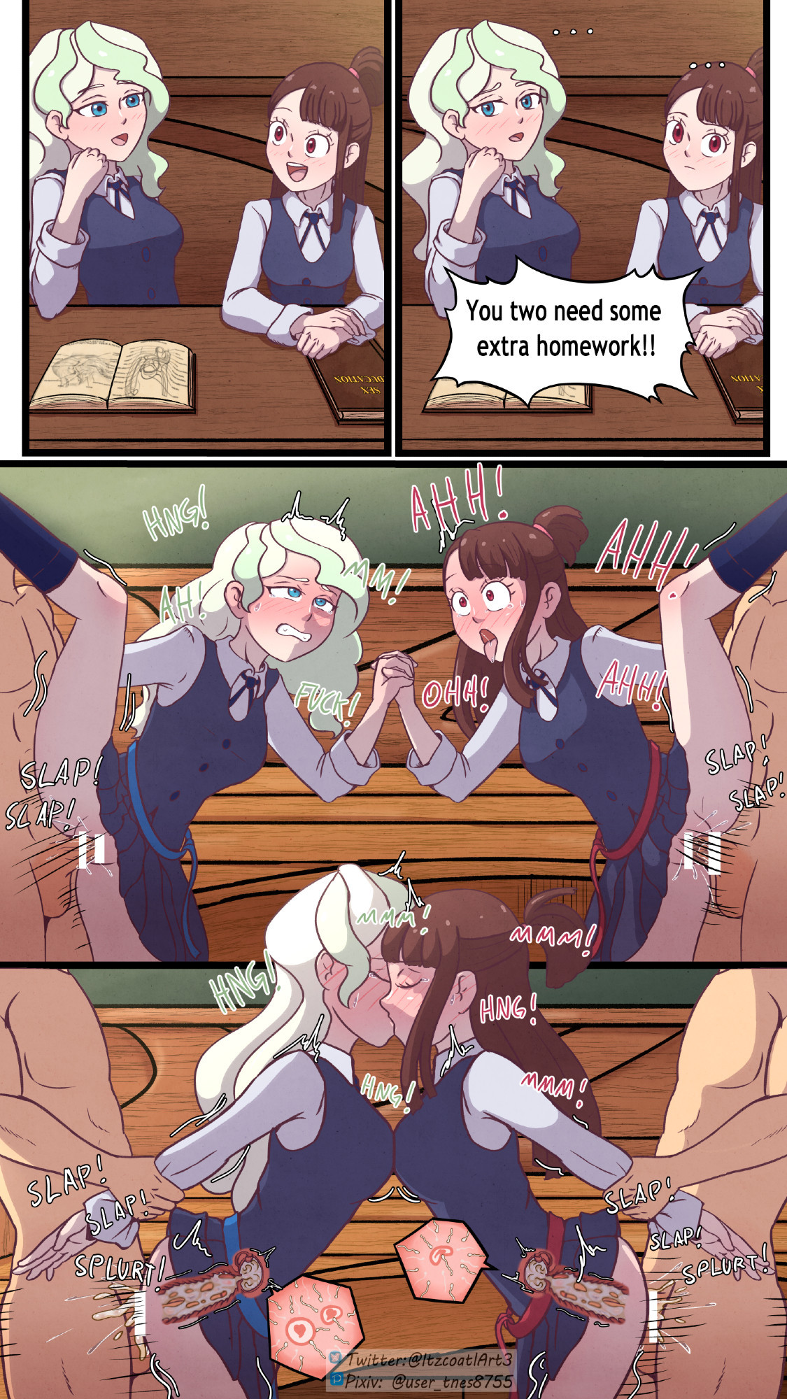 2boys, 2girls, atsuko kagari, brown hair, clothed sex, creampie, cum, dialogue, diana cavendish, english, female, group sex, impregnation, itzcoatl, little witch academia, male, multicolored hair, multiple boys, multiple females, multiple impregnation, no panties, nude, nude female, penetration, prison guard position, pussy, sex, studio trigger, tagme, text, vaginal penetration, vaginal sex, x-ray