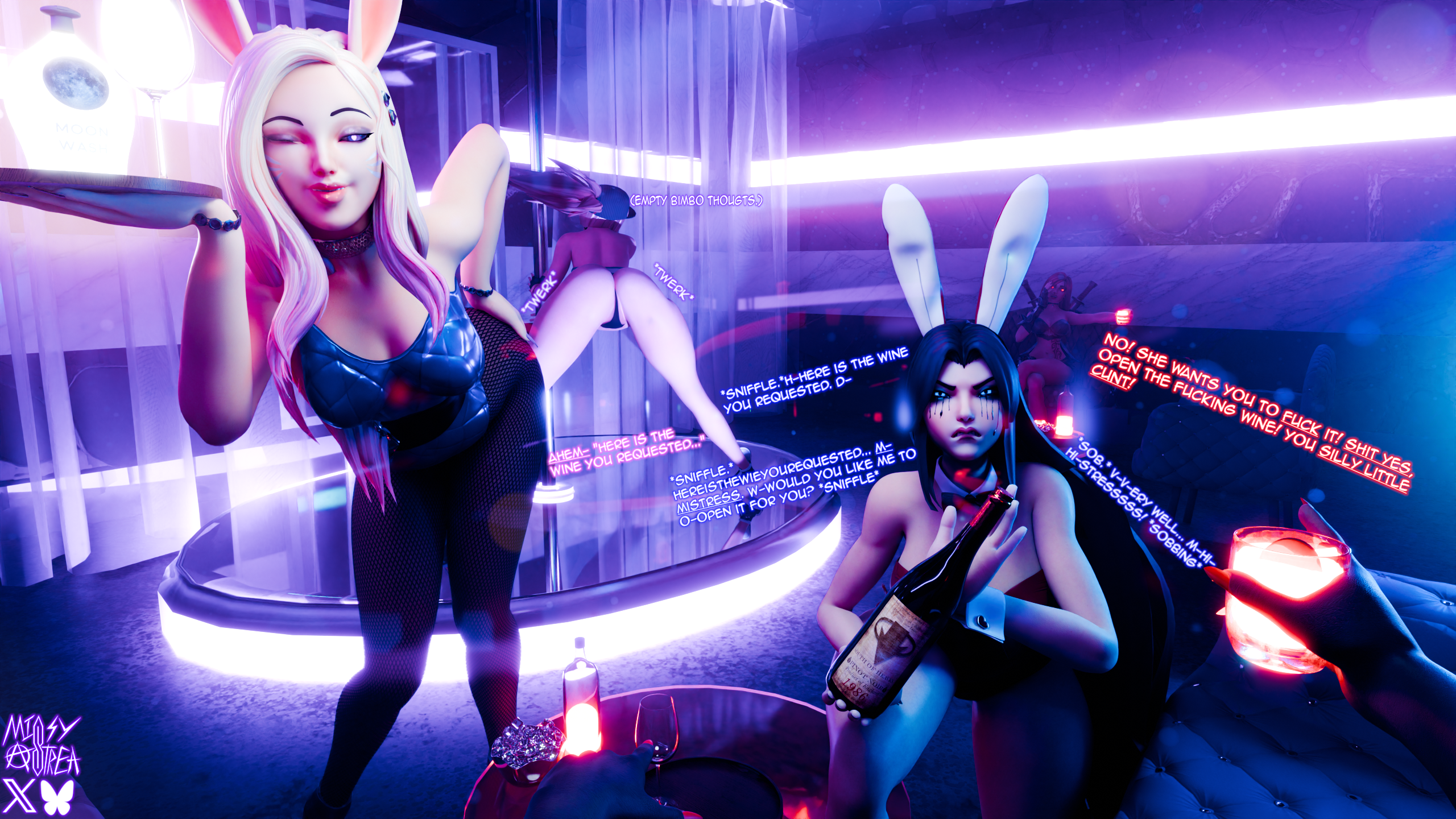 1futa, 3d, 4girls, ahri, akali, alcohol, angry, bimbo, blender, bullying, bunny ears, bunnysuit, crying, dialogue, female, futanari, glowing eyes, implied futa, intersex, ionia, irelia xan, k/da akali, k/da series, katarina du couteau, kneeling, league of legends, missyastrea, noxus, pov, running mascara, sad, self upload, strip club, stripper pole, submissive, text, thong, twerking, waitress, wine, winking at viewer