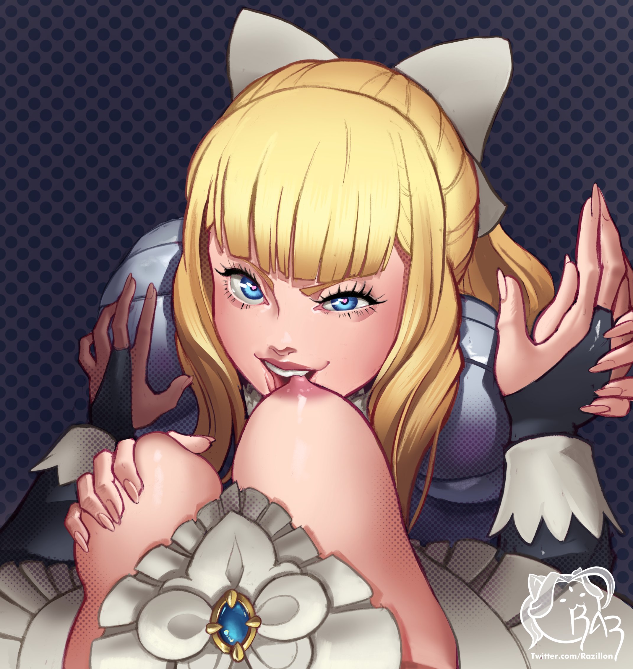 2girls, blonde hair, bow, breast sucking, breasts, charlotte (fire emblem), female, female only, female pov, fire emblem, fire emblem fates, holding hands, long hair, nintendo, pov, razillon, yuri