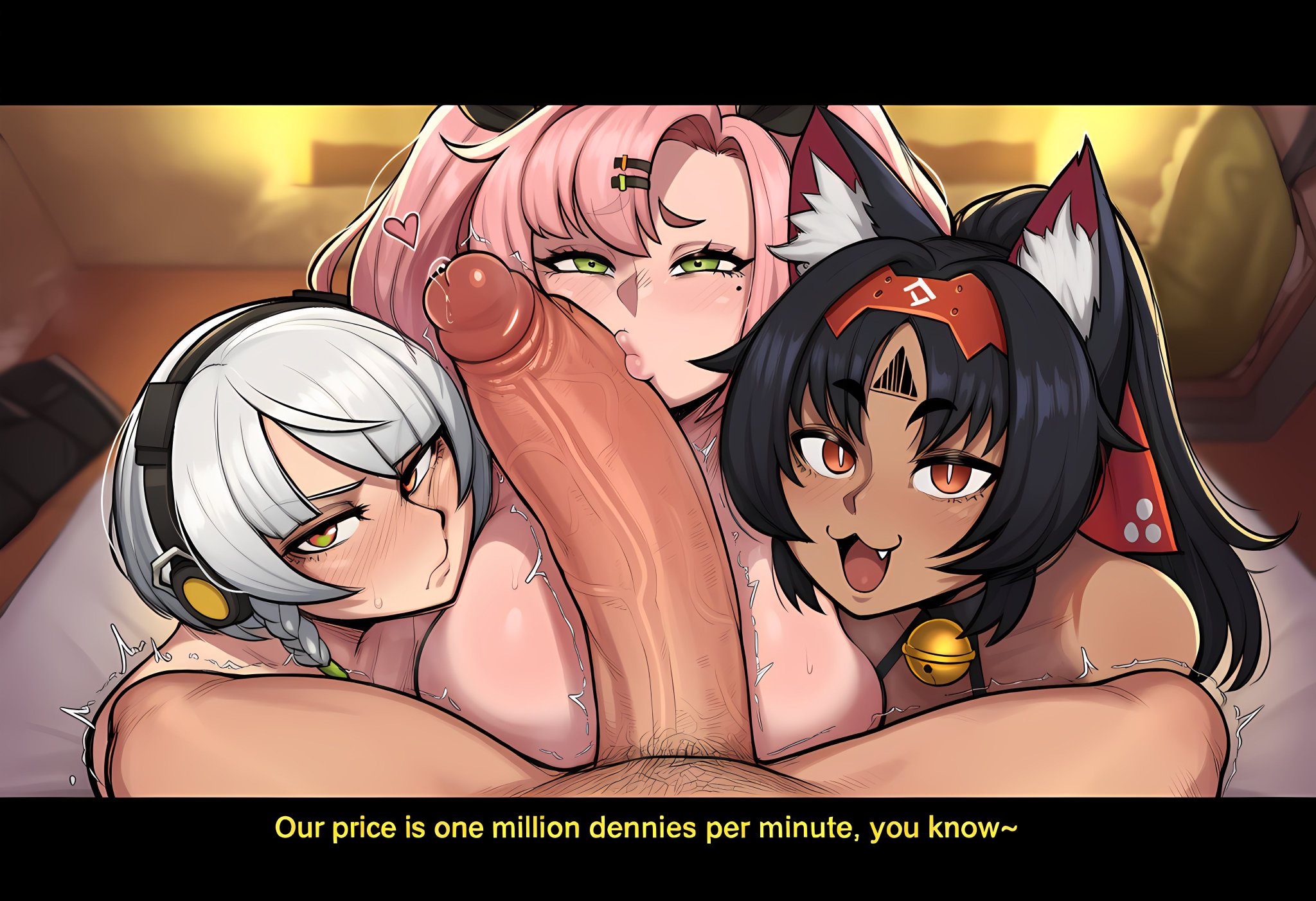1boy, 3girls, ai generated, anby demara, big penis, cat bell, cat ears, cat girl, charlotteanon, cock, collaborative fellatio, dark-skinned female, english text, fellatio, female, green eyes, heart symbol, hoyoverse, huge cock, kissing penis, light skin, light-skinned female, male, mole, mole under eye, nekomiya mana, nicole demara, penis, pink hair, prostitute, prostitutes, prostitution, text, thick penis, thiren, white hair, zenless zone zero