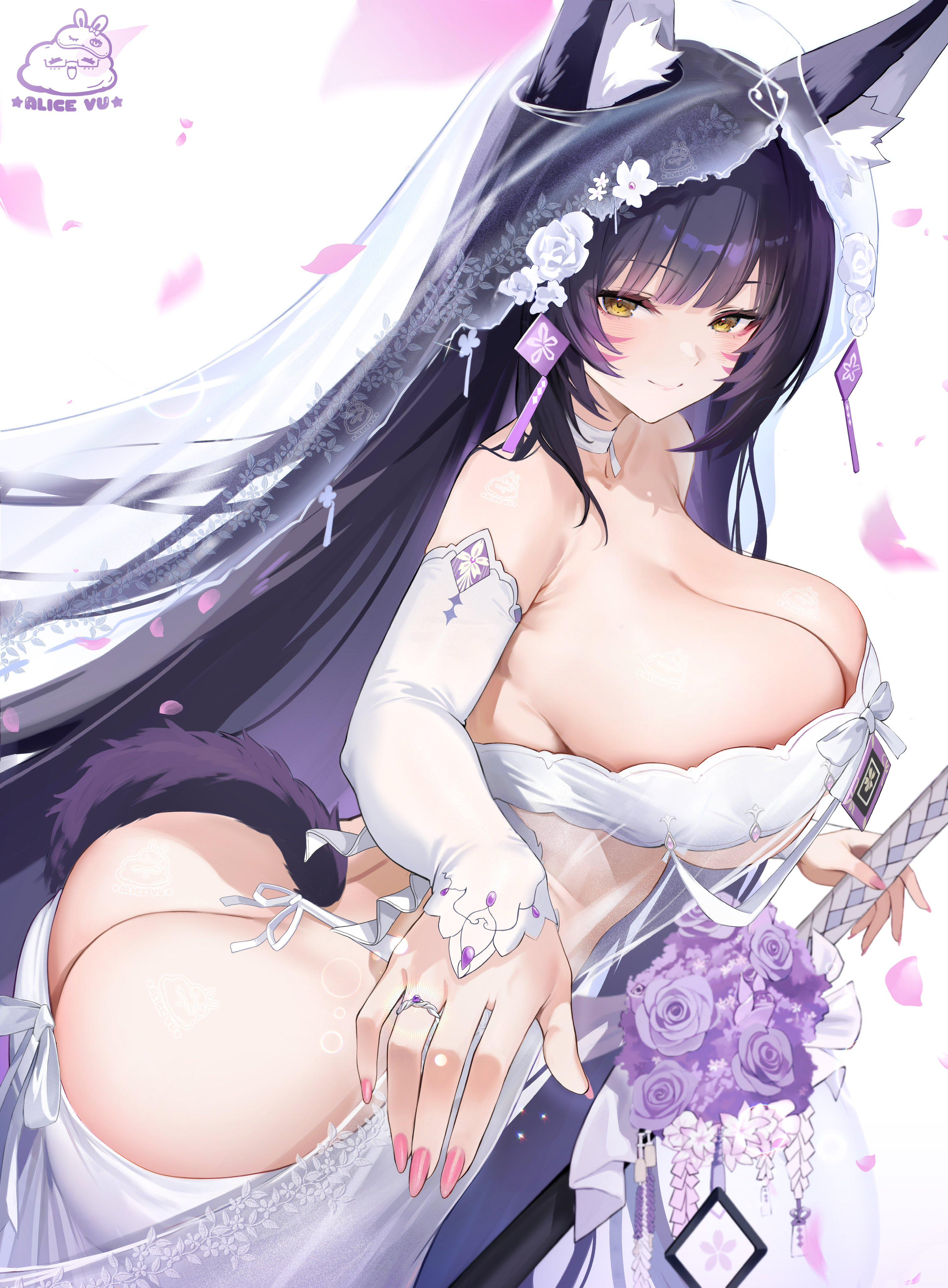 animal ear fluff, animal ears, artist name, ass, azur lane, bare shoulders, black hair, blush, bouquet, breasts, bridal gauntlets, bridal veil, bride, butt crack, cg, choker, cleavage, closed mouth, detached sleeves, dress, facial mark, female, flower, fox ears, fox girl, fox tail, from side, hair flower, hair ornament, holding, holding bouquet, huge breasts, jewelry, katana, lace, lace trim, large breasts, long hair, looking at viewer, musashi (azur lane), musashi (purest wisteria) (azur lane), nail polish, official alternate costume, panties, petals, pink flower, purple flower, purple hair, purple rose, ring, rose, see-through, shoulder tattoo, side-tie panties, smile, solo, strapless, strapless dress, sword, tail, tattoo, thighhighs, thighs, twisted torso, underwear, veil, very long hair, weapon, wedding, wedding band, wedding dress, wedding ring, white background, white choker, white dress, white panties, white rose, yellow eyes
