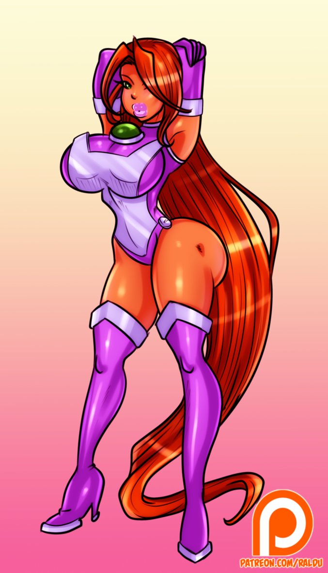 1girls, alien, alien girl, arms up, artist name, bare shoulders, big breasts, boots, breasts, busty, cleavage, curvy, dc, dc comics, elbow gloves, female, female only, front view, gloves, green eyes, hair over one eye, hand behind head, hands behind head, high heel boots, high heels, hourglass figure, humanoid, koriand'r, leotard, lipstick, long hair, looking at viewer, makeup, orange hair, patreon, pose, posing, purple gloves, purple lipstick, raldu, shiny, shiny skin, signature, simple background, solo, standing, starfire, starfire (comics), superheroine, teen titans, text, thick lips, thigh boots, thigh high boots, thighhigh boots, very long hair, voluptuous, wide hips