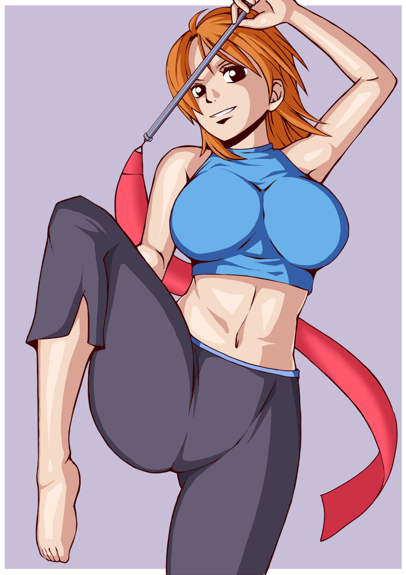 alone argrim bare_calves breasts busty calves cosplay female female_only hourglass_figure nami navel one_piece one_piece:_super_grand_battle!_x orange_hair short_hair solo stomach tight_pants wide_hips wii_fit_trainer_(cosplay) yoga_pants