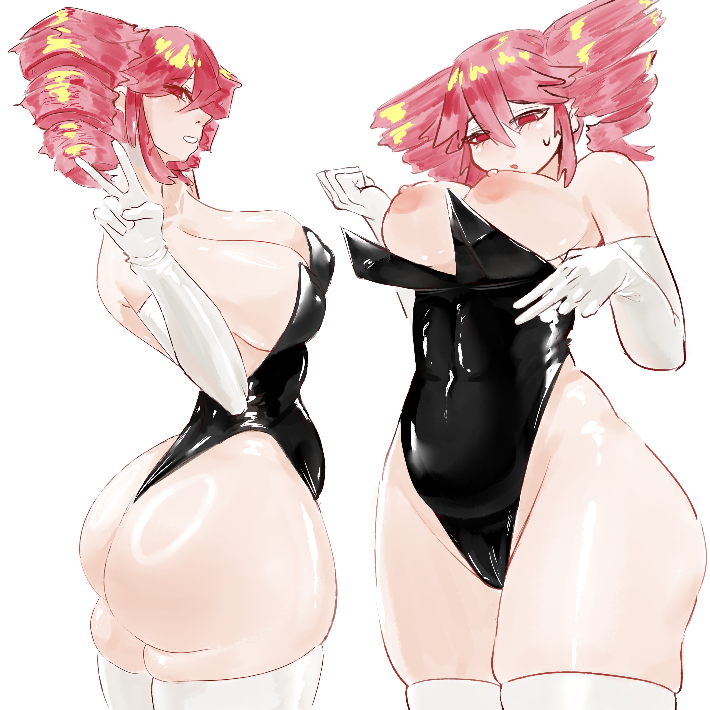 1girls, 2d, 2d (artwork), arched back, areolae, armpit crease, armpits, armwear, ass, belly, big ass, big breasts, big thighs, blush, blush lines, breast slip, breasts, bubble butt, bunny girl, bunnysuit, cleavage, curvaceous, curvy, curvy female, curvy figure, embarrassed, embarrassed female, fat ass, fat breasts, fat thighs, female, female only, gigantic thighs, gluteal fold, hourglass figure, huge ass, huge breasts, huge thighs, kasane teto, large areolae, large ass, large breasts, large thighs, latex, latex clothing, latex leotard, leotard, looking at viewer, looking down, looking to the side, low-angle view, massive ass, massive thighs, navel, navel visible through clothes, nipples, open mouth, partially visible vulva, peace sign, pear shaped, pear shaped female, playboy bunny, plump, plump ass, plump breasts, plump thighs, pussy, red eyes, red hair, revealing clothes, seductive, seductive look, seductive smile, shiny latex, shiny skin, side view, sideboob, simple background, skimpy, skimpy clothes, skindentation, slim waist, solo, solo female, sweat, sweating, thick thighs, thigh squish, thighhighs, thighs, twin drills, utau, voluptuous, voluptuous female, vulva, wardrobe malfunction, white armwear, white background, white legwear, white thighhighs, wide hips, xolbaj