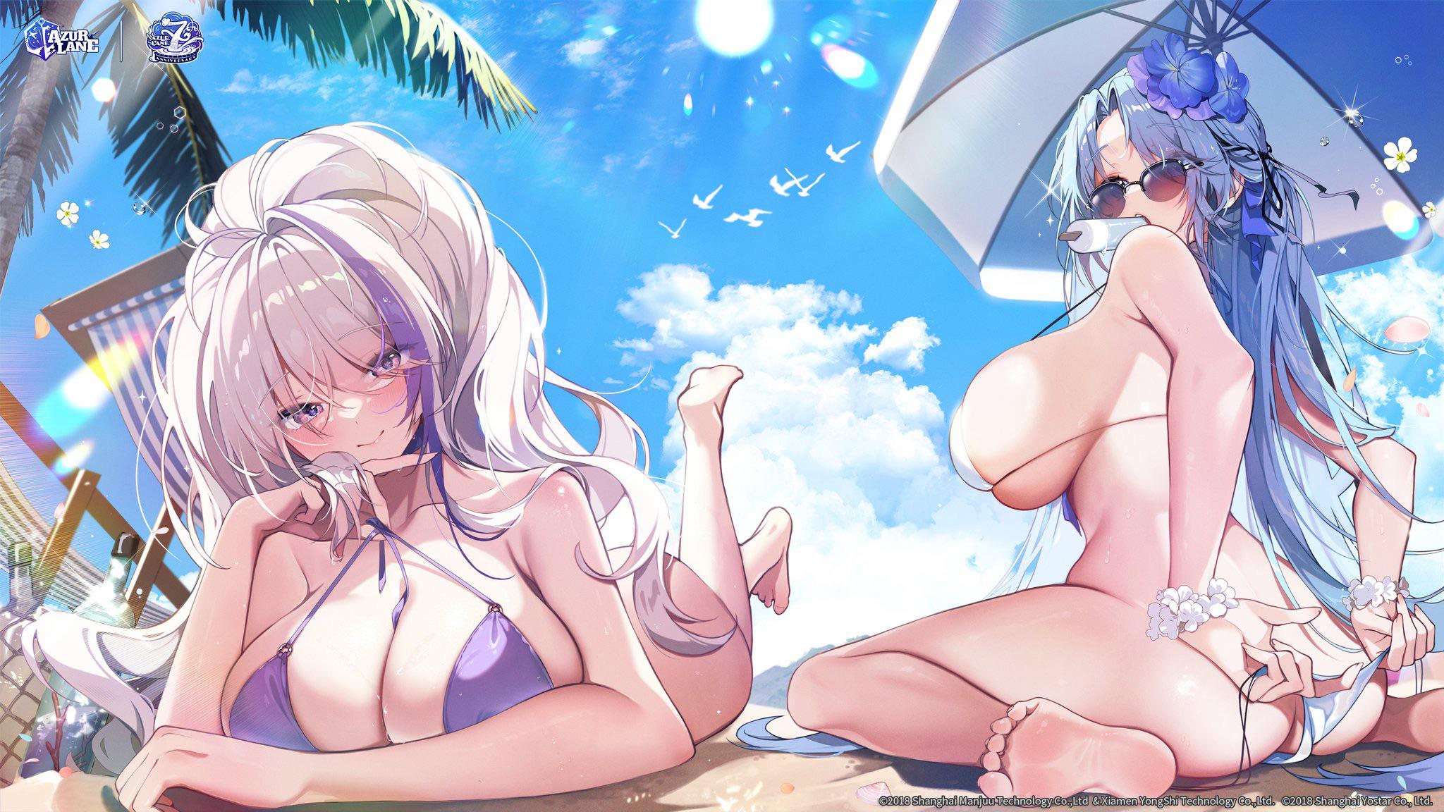 2girls, alsace (azur lane), alsace (heat-beating summer sacrament) (azur lane), ass, azur lane, bare shoulders, barefoot, beach, beach umbrella, bikini, bird, blue eyes, blue hair, blue sky, blush, breasts, cg, choker, cleavage, closed mouth, cloud, collarbone, copyright name, day, feet, female, flower, hair between eyes, hair flower, hair ornament, halterneck, holding, huge breasts, large breasts, long hair, looking at viewer, looking over eyewear, lying, mouth hold, multicolored hair, multiple females, multiple girls, ocean, official alternate costume, on stomach, outdoors, palm tree, ponytail, purple bikini, purple eyes, purple hair, sand, scrunchie, sideboob, sidelocks, silver hair, sitting, skindentation, sky, smile, soles, streaked hair, string bikini, sunglasses, swimsuit, the pose, thighs, thong bikini, tinted eyewear, toes, tree, umbrella, unzen (azur lane), unzen (sojourn through clear seas) (azur lane), very long hair, wariza, white bikini, white hair, wrist scrunchie