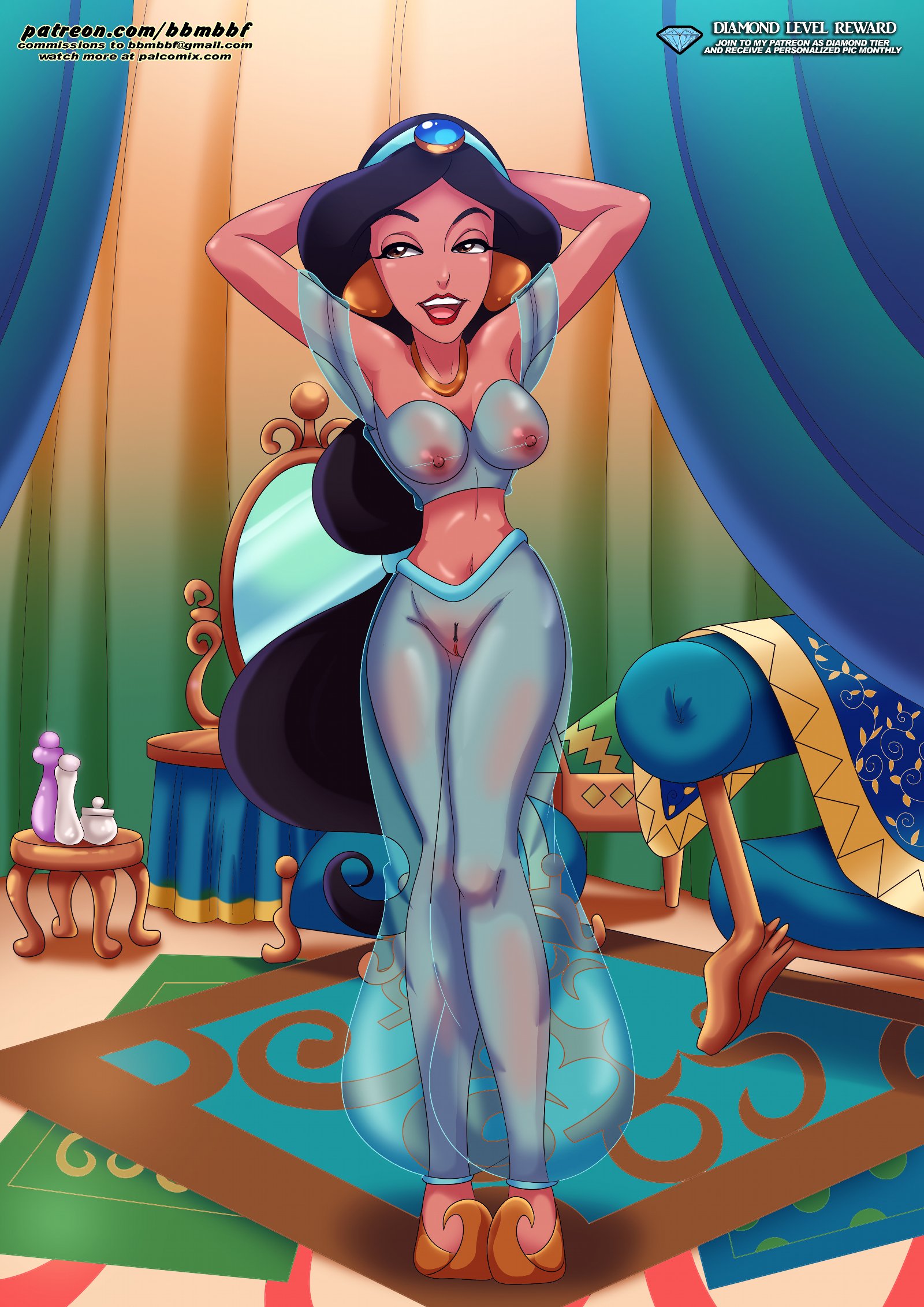 1girls, aladdin (1992 disney film), arabian clothes, arms, arms behind head, arms up, bbmbbf, big breasts, black hair, breasts, brown eyes, dark skin, dark-skinned female, diamond level, disney, disney princess, earrings, female, female only, hairy pussy, hard nipples, harem outfit, hips, jasmine (aladdin), jewelry, legs, lips, lipstick, long hair, looking up, necklace, nipples, open mouth, palcomix, patreon, pietros secret club, princess, princess jasmine, pussy, royalty, see-through, see-through clothing, slim, slim waist, teeth, thin, thin female, thin waist, tied hair, tongue