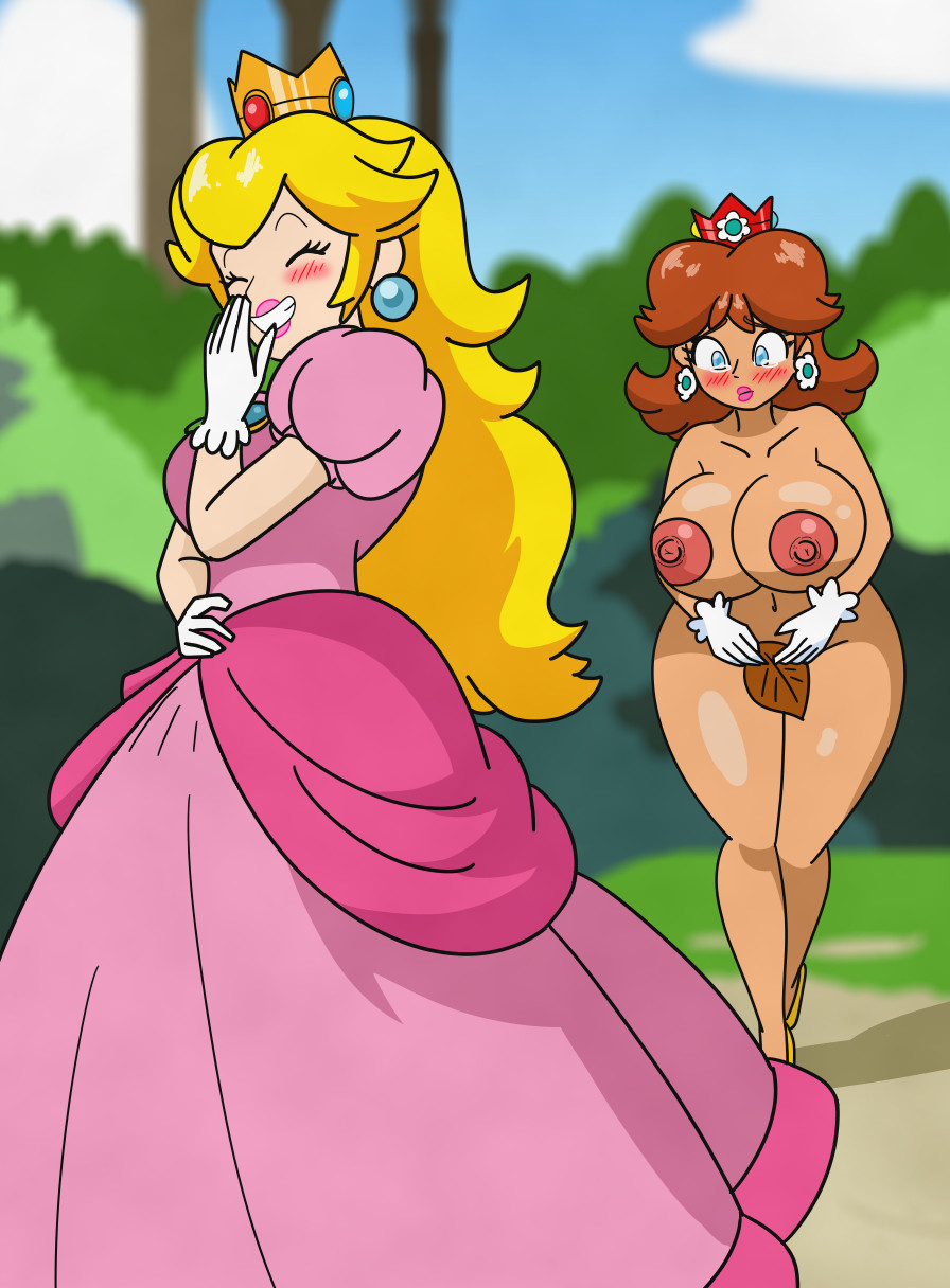 2girls, blush, breasts, covering, crying, embarrassed, embarrassed nude female, enf, female, katherinetheklutz, mario (series), nude, princess daisy, princess dress, princess peach, tagme