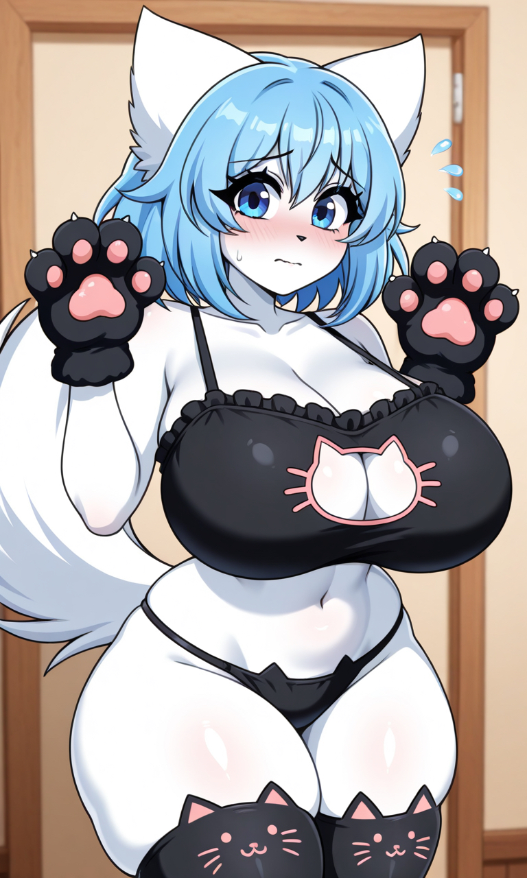 ai generated, anthro, anthro female, anthro focus, anthro only, blue eyes, blue hair, blush, blushing female, blushing profusely, boob window, bra, breasts, cat bra, cat panties, cat paws, cat stockings, cat thighhighs, cleavage, embarrassed, embarrassed expression, embarrassed female, female, female focus, female only, furry, furry female, furry only, huge breasts, panties, paw gloves, pixai, shy, shy expression, solo, solo anthro, solo female, solo focus, stockings, tagme, thick thighs, thighhighs, virtual youtuber, vtuber, white fur, wide hips, wolfychu, youtube, youtuber, youtuber girl