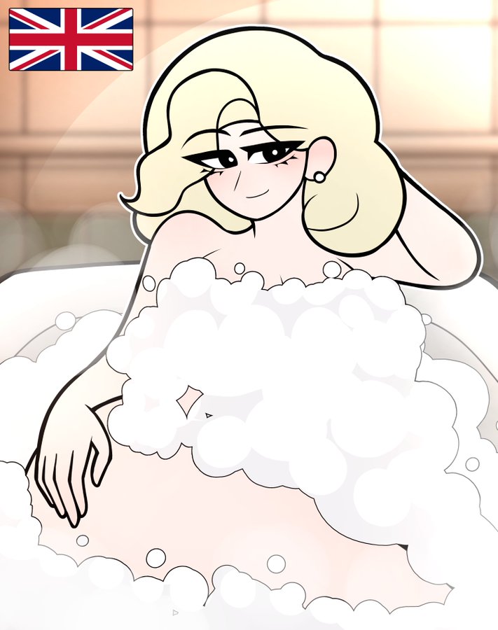 1girls, bathing, bathroom, bathtub, boobs covered, breasts, british, british female, bubble bath, bubbles, earrings, elizabeth (what if animation), female, national personification, original, tits covered, twitter source, uk (what if animation), uk flag, what if animation (artist)