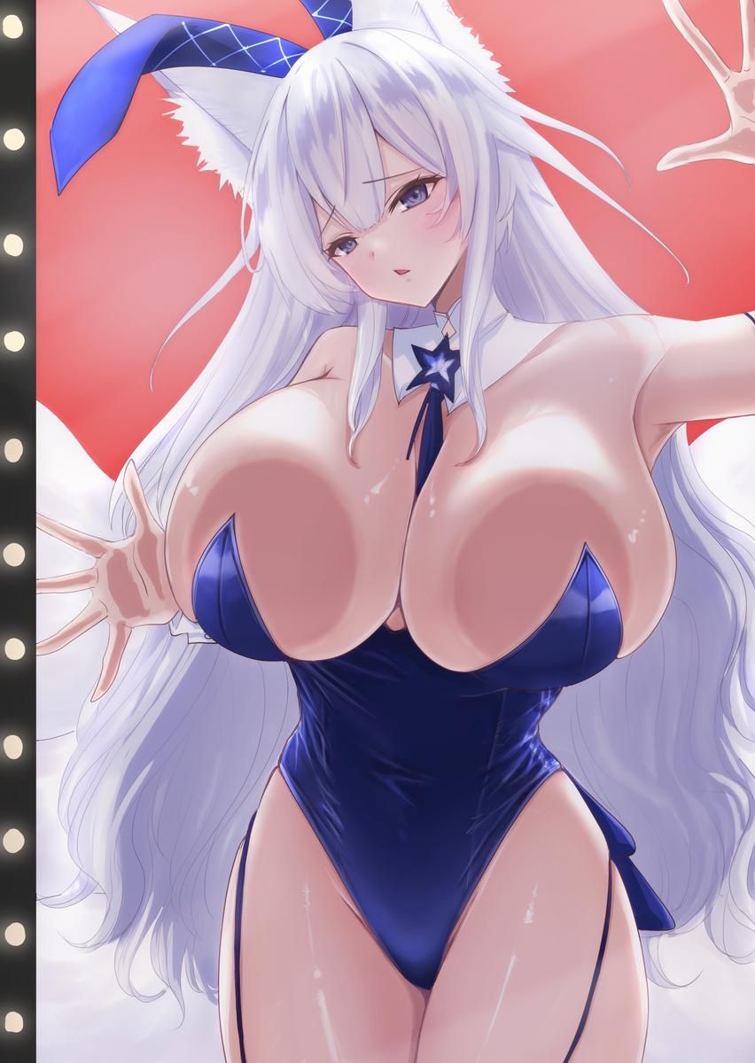 against glass, alternate costume, animal ear fluff, animal ears, armpits, azur lane, bare shoulders, between breasts, blue eyes, blue leotard, blush, breast press, breasts, breasts on glass, cg, cleavage, collar, curvy, detached collar, fake animal ears, female, fox ears, fox girl, fox tail, garter straps, highleg, highleg leotard, huge breasts, kitsune, leotard, long hair, looking at viewer, multi tail, necktie, official alternate costume, parted lips, playboy bunny, purple eyes, rabbit ears, shinano (azur lane), shinano (visions of fantasy) (azur lane), solo, strapless, strapless leotard, tail, thighhighs, thighs, very long hair, white hair, wrist cuffs