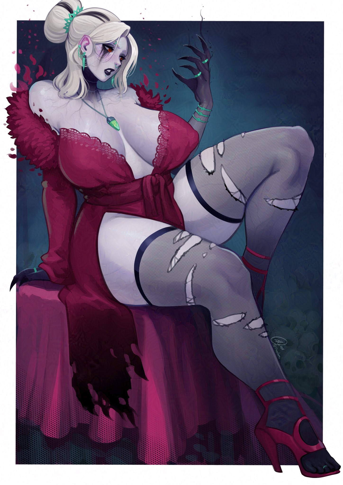 1girls, big breasts, black eyeshadow, black hands, black highlights, black lipstick, black veins, bracelets, breasts, claws, clothed, commission, dress, earrings, edemevas, female, female only, fishnet stockings, hair bun, heels, hi res, large breasts, necklace, pale skin, pale-skinned female, platinum blonde hair, red eyes, rings, ripped fishnets, ripped stockings, runny makeup, sharp fingernails, sitting, skulls, solo, stockings, thick thighs, tied hair, torn stockings, white hair
