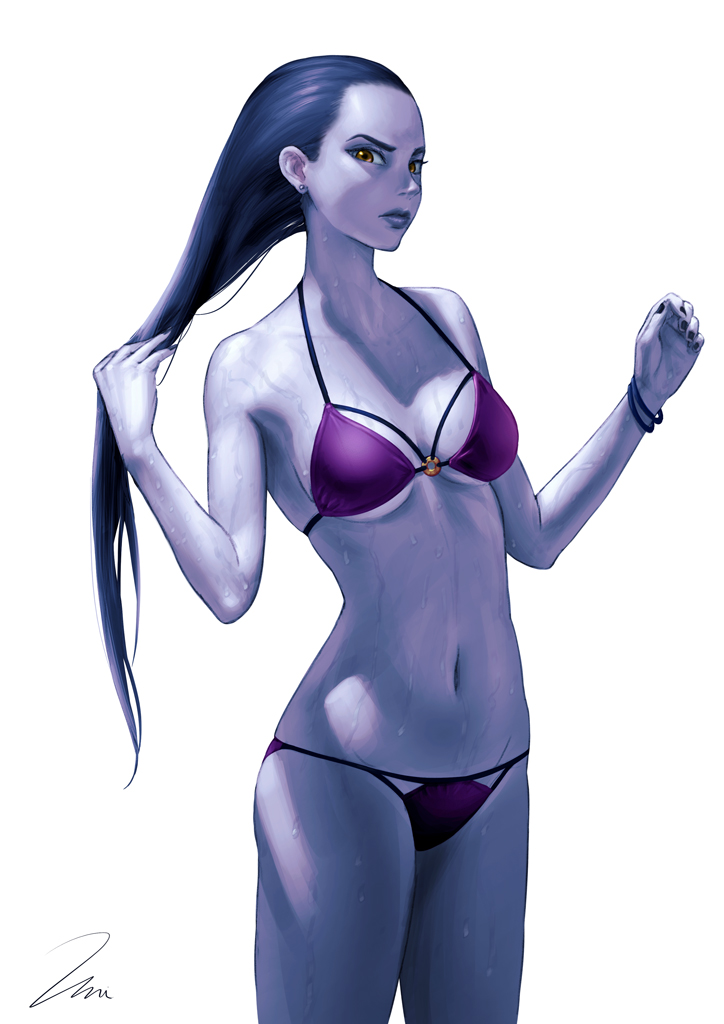 bikini, breasts, cleavage, female, female only, long hair, looking at viewer, overwatch, solo, umitaro, wet, widowmaker