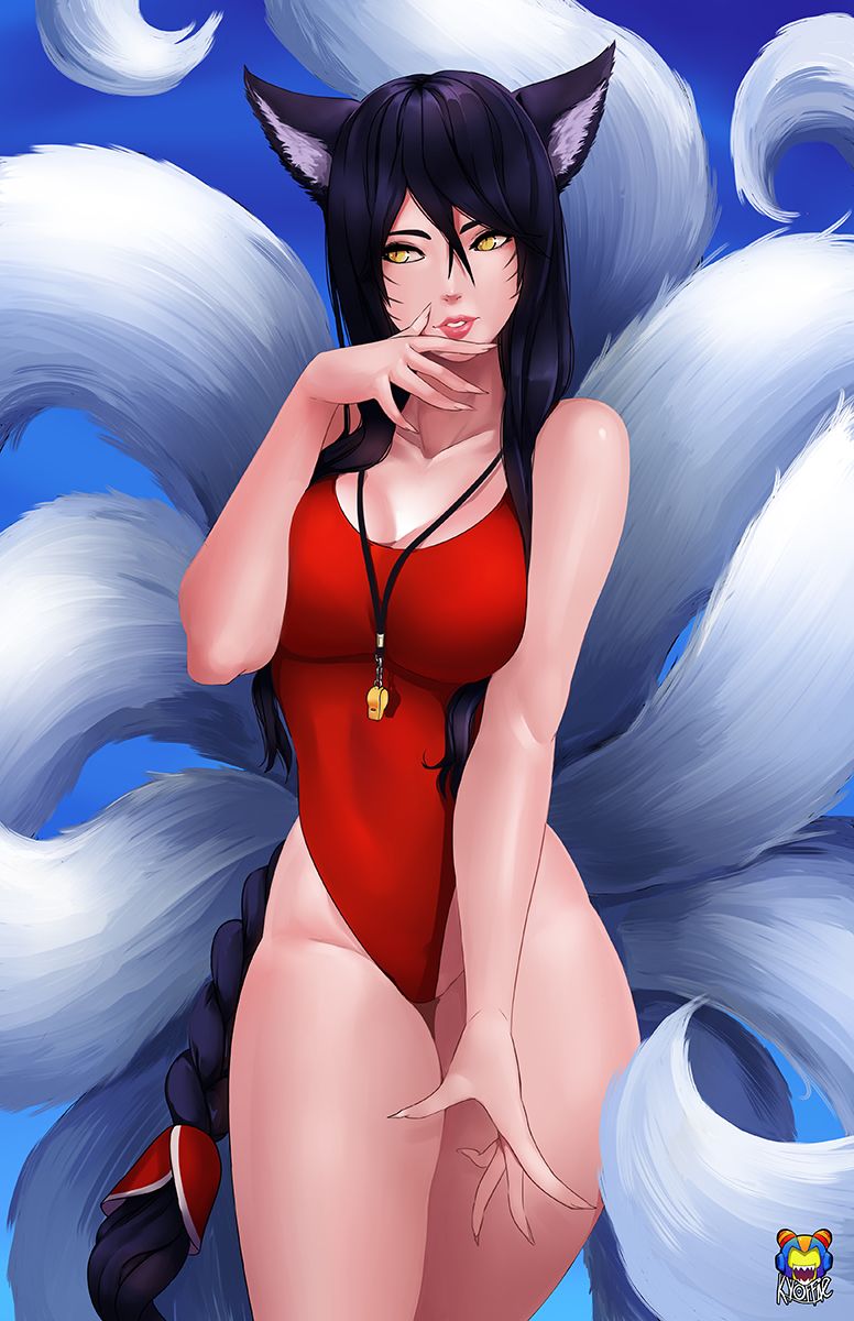ahri, animal ears, bathing suit, black hair, female, kyoffie, league of legends, long hair, solo, standing, swimsuit, tail, thigh gap, vastaya, yellow eyes