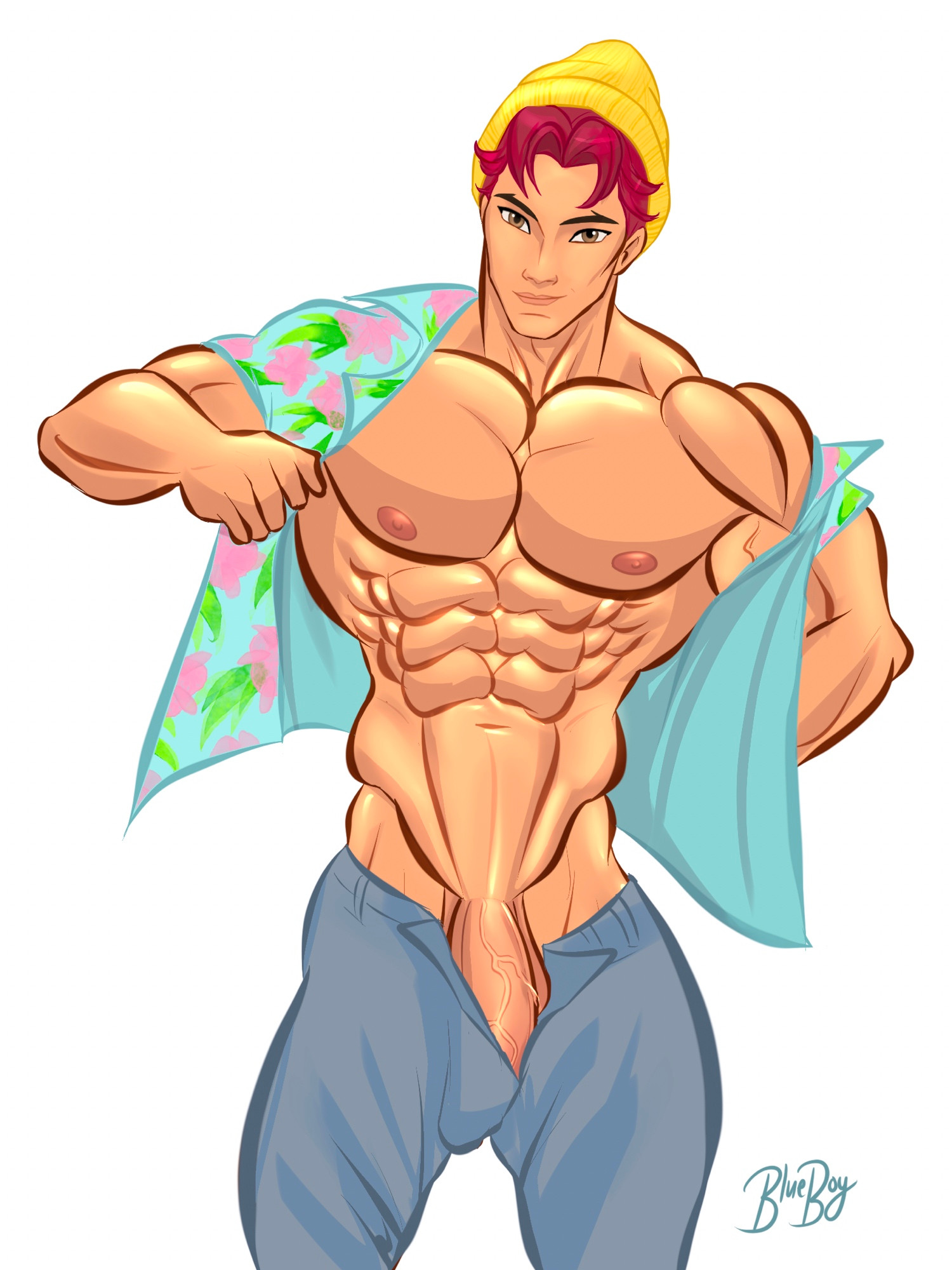 1boy, abby (kpop demon hunters), abs, blueboybara, bulge, dick out, hat, kpop demon hunters, male, male only, muscles, open shirt, pecs, penis, saja boys, solo, veiny penis