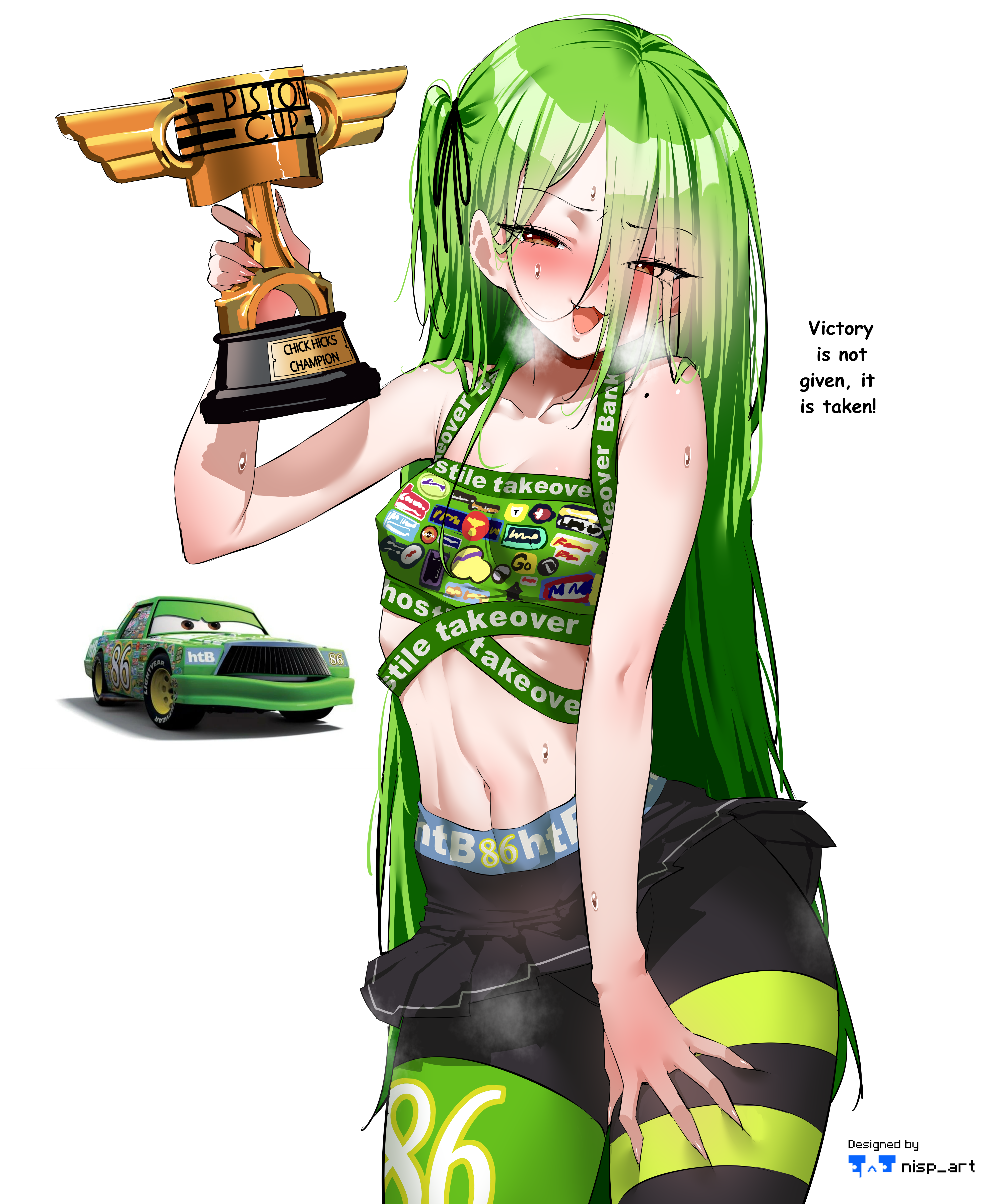 1girls, absurd res, absurd resolution, absurdres, belly, blush, brown eyes, car, cars (film), chick hicks, color, colored, disney, english text, female, female only, green bra, green hair, hair ornament, happy, high res, high resolution, highres, holding object, holding trophy, humanized, miniskirt, mole, mole on shoulder, nipple bulge, nisp art, open mouth, original, petite, petite body, petite female, pixar, rule 63, simple background, skinny, skinny female, smile, sports bra, stomach, stripes, sweating, sweaty, text, tights, trophy, tummy
