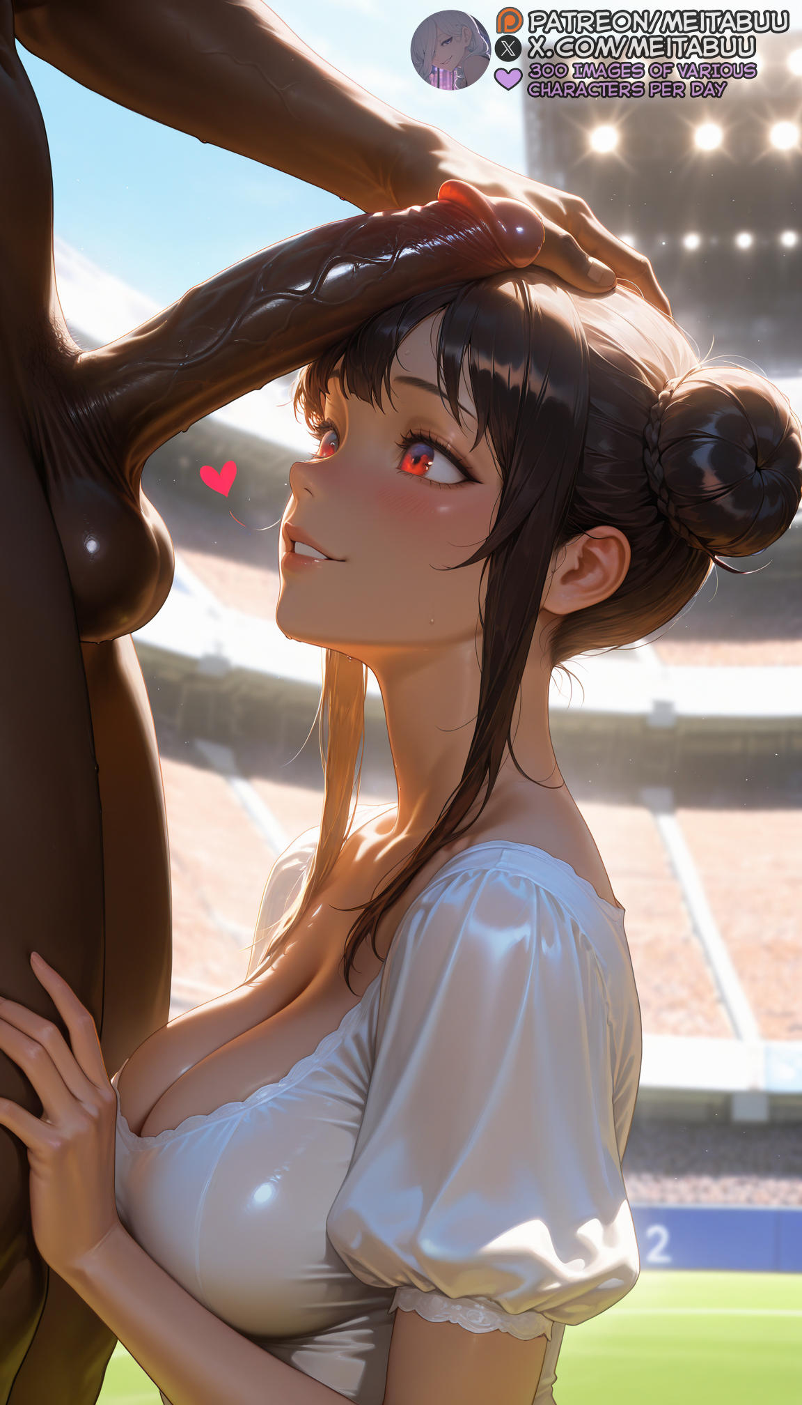 1boy, 1girls, ai generated, backlighting, balls, black hair, blue sky, blurry, blurry background, blush, braid, braided bun, breasts, brown hair, cleavage, clothed female nude male, collarbone, dark penis, dark skin, dark-skinned male, day, double bun, dress, erection, female, from side, grin, hair bun, hand on another's head, hand on another's thigh, heart, imminent fellatio, interracial, kono subarashii sekai ni shukufuku wo!, large breasts, large penis, lips, long hair, looking at another, looking at penis, looking up, male, megumin, meitabuu, nude, outdoors, parted lips, penis, penis awe, penis on face, public indecency, puffy short sleeves, puffy sleeves, red eyes, see-through, shirt, short sleeves, sidelocks, sky, smile, solo focus, square neckline, stadium, stage lights, standing, straight, sunlight, testicles, uncensored, upper body, veins, veiny penis, very dark skin, white dress, white shirt