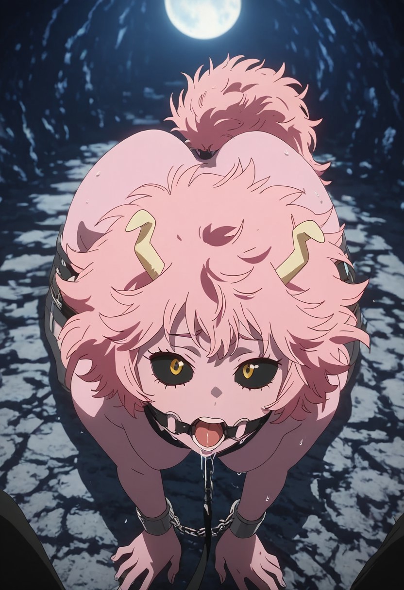ai generated, ashido mina, boku no hero academia, bondage, buttplug, dog tail, drooling, female, gag, mina ashido, my hero academia, petplay, spardai (artist), tail plug, tears