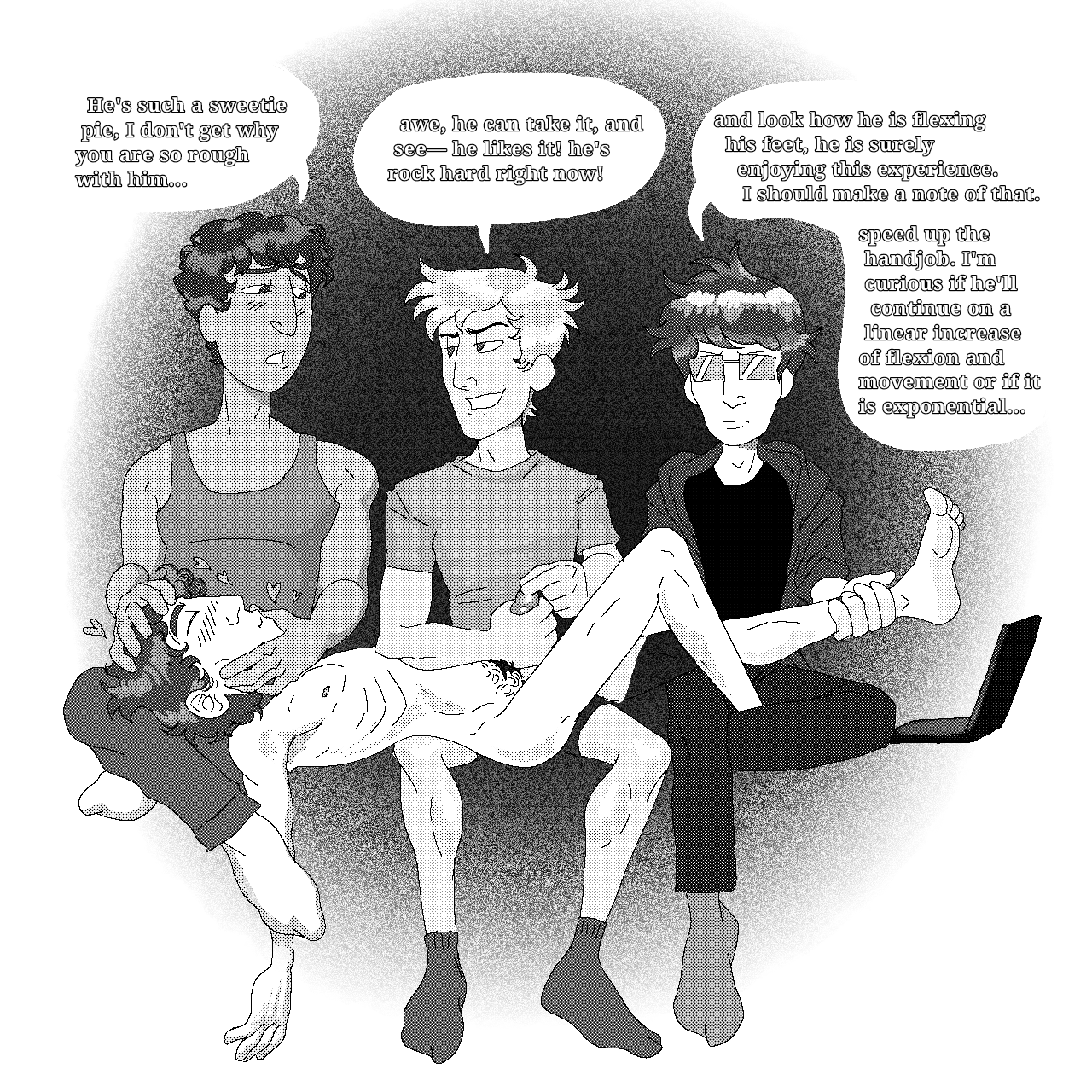 4boys, beating off, bliss, blissful, bradley (mr shrink), bros being bros, closed eyes, clothed male nude male, cmnm, confident, crossed legs, curly hair, cute, dark hair, dark skin, dark-skinned male, digital art, digital media (artwork), english, english dialogue, english text, enjoying, fluffy hair, gay, gay male, glansjob, glasses, handjob, harper (mr shrink), heart, heart symbol, hearts around head, human, in lap, innocent, innocent expression, jason (mr shrink), jock, jock slut, lap sitting, laying down, laying on back, laying on lap, limp, limp arms, love, lovey-dovey, male, male only, male/male/male/male, mr shrink, nerd, nerdy male, pale, pale skin, pale-skinned male, penis, pleasure, pleasured, pleasuring another, pubic hair, rock hard cock, serious face, serious look, service, servicing, shilo (mr shrink), skinny, smile, smiling at another, smug, smug face, smug grin, straight hair, talking to another