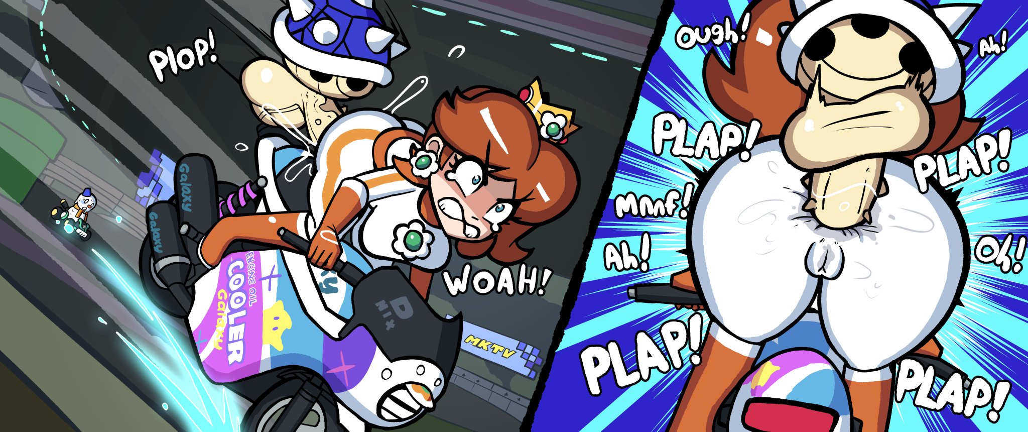 1boy, 1girls, anal, anal only, anal sex, anal through clothes, animal genitalia, barbed penis, d-nix, female, human, human female, interspecies, light skin, light-skinned female, male, male penetrating female, mario (series), mario kart, mario kart world, nintendo, penis, princess daisy, princess daisy (aero), reference, sentient object, sex, sex through clothes, spiny shell, twitter link