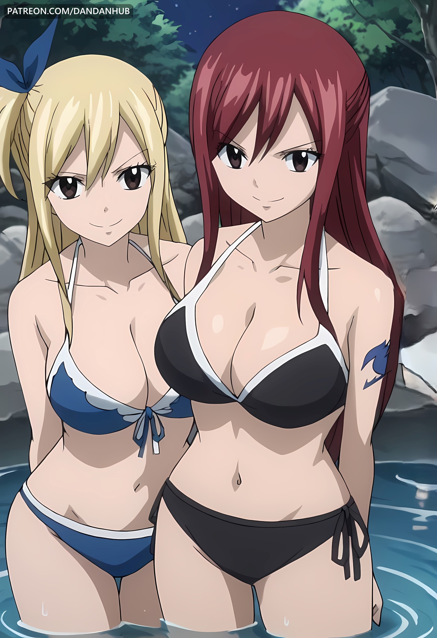 2girls, ai generated, arms behind back, bathing, bathing together, bikini, black bikini, blonde hair, blonde-haired female, blue bikini, breasts, brown eyes, cleavage, collarbone, dandanhub, erza scarlet, fairy tail, female, female only, hair between eyes, large breasts, long hair, looking at viewer, lucy heartfilia, multiple females, multiple girls, navel, night, onsen, outdoors, partially submerged, red hair, red-haired female, rock, side-tie bikini bottom, smile, swimsuit, tattoo, wading, water, watermark, web address