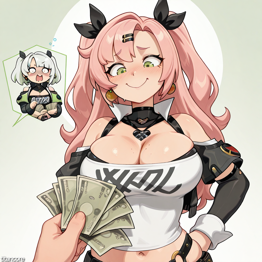 (titancore), ai generated, anby demara, big breasts, breasts, female, girlfriend, happy, long hair, money, nicole demara, pink hair, proud, ribbon in hair, twintails, video game character, white hair, zenless zone zero