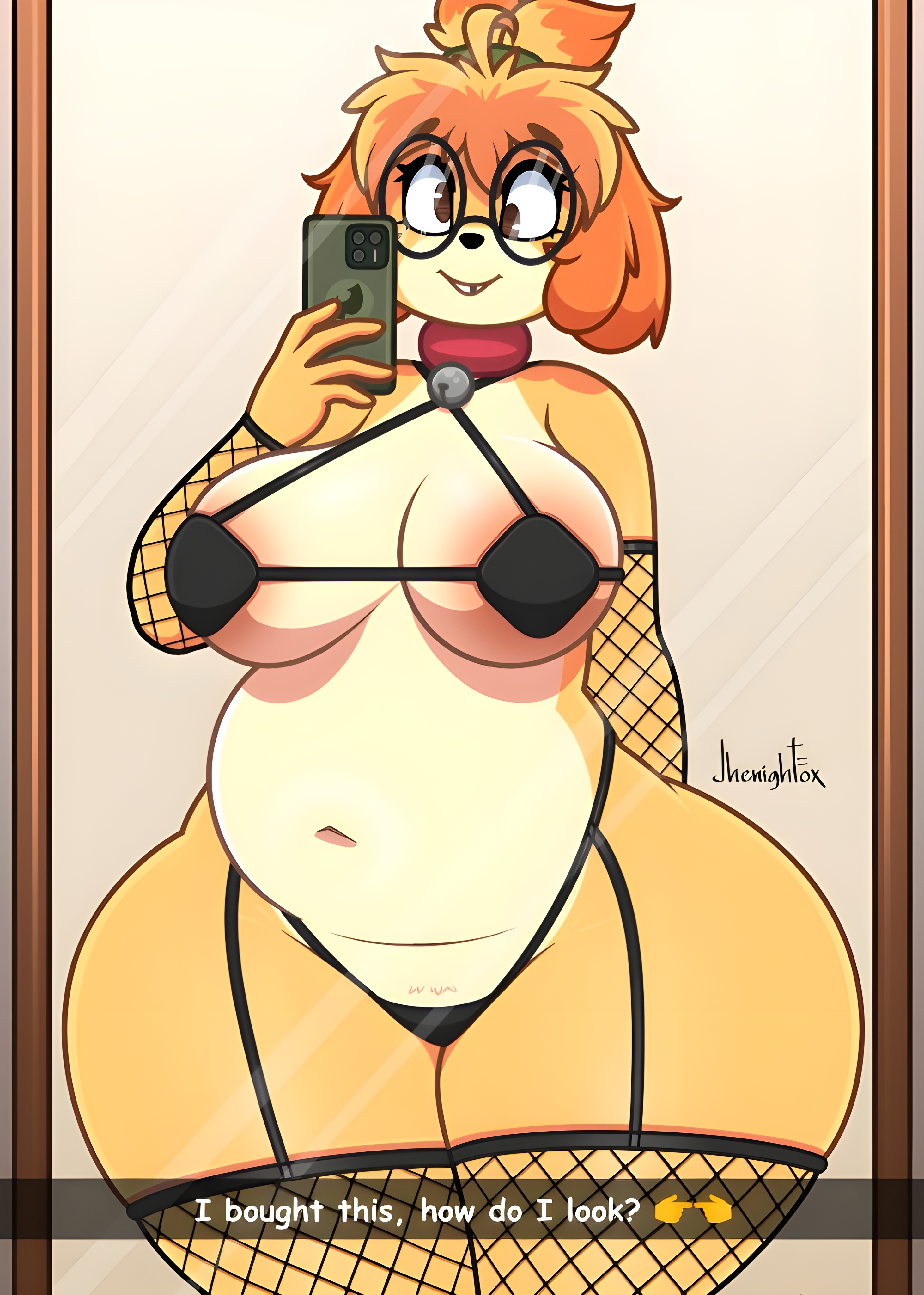 animal crossing, anthro, big breasts, breasts, canid, canine, canis, cleavage, derpybelle, domestic dog, female, furry, huge breasts, isabelle (animal crossing), jhenightfox, slightly chubby, thick thighs, wide hips