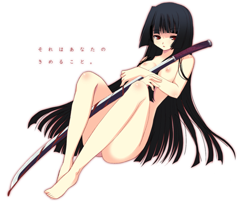 ai_enma bangs barefoot beige_skin black_hair blood blood_stain bloody_sword blunt_bangs breasts color enma_ai feet female female_only hair hime_cut human japanese_text jigoku_shoujo long_hair looking_at_viewer lowres nipples nude red_eyes sitting solo straight_hair sword tajima_yoshikazu text translation_request weapon white_background