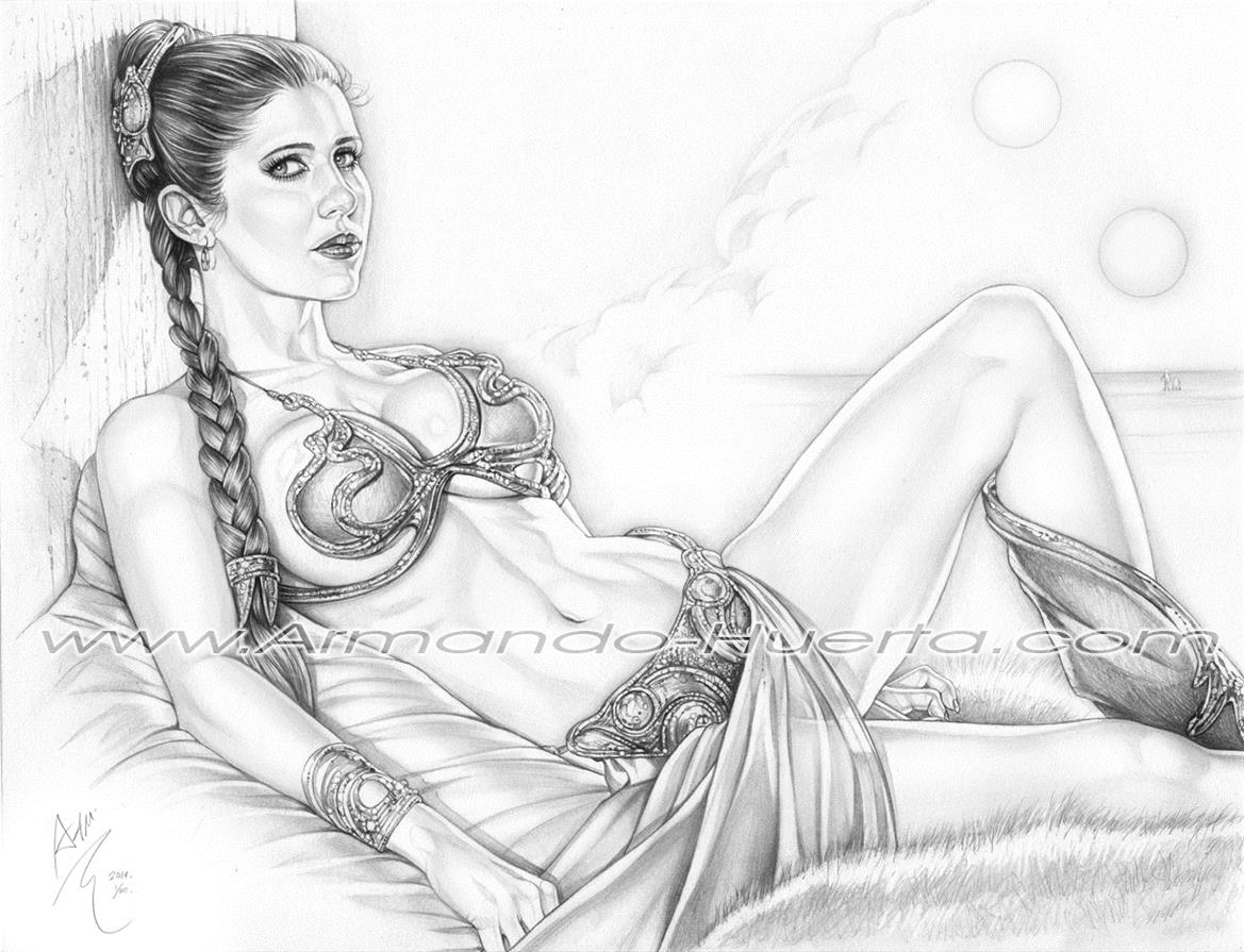 1girls, 2014, actress, armando huerta, braid, breasts, busty, carrie fisher, celebrity, cleavage, female, greyscale, loincloth, metal bikini, monochrome, princess leia organa, return of the jedi, royalty, sketch, slave bikini, slave leia, star wars, tagme, url, voluptuous, watermark