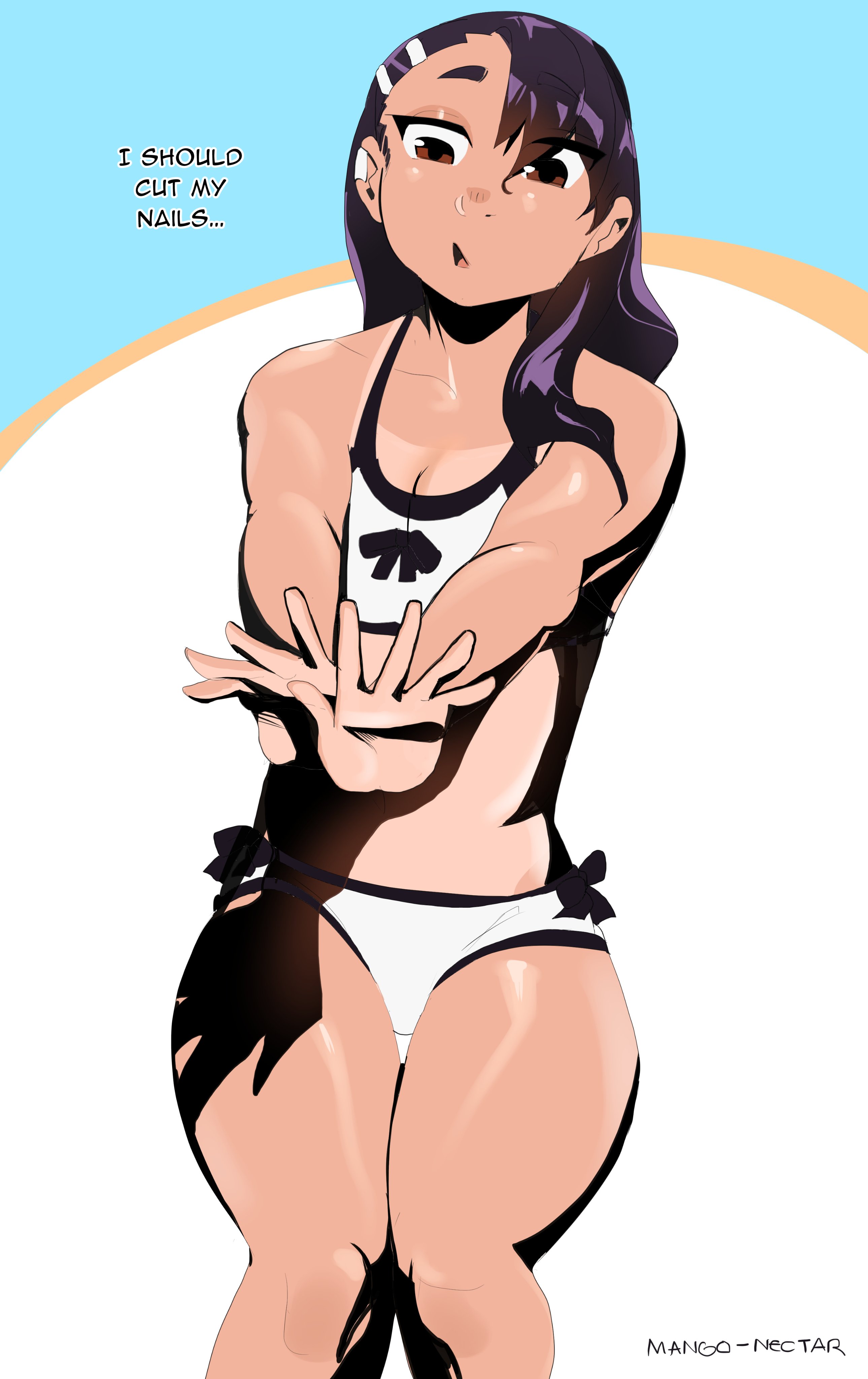 1girls, bikini, black hair, breasts, cleavage, clothed, clothing, english text, female, female focus, female only, hayase nagatoro, long hair, mangonectar, medium breasts, navel, please don't bully me, nagatoro, revealing clothes, simple background, smile, solo, tanline, tanned, text, watermark, white background