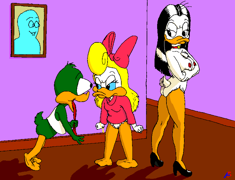 2girls age_difference anthro black_hair blonde_hair crossover disney duck ducktales female female_only furry heels loon magica_de_spell multiple_girls nipples nude plucky_duck pouncer shirley_the_loon soft_feathers tiny_toon_adventures warner_brothers