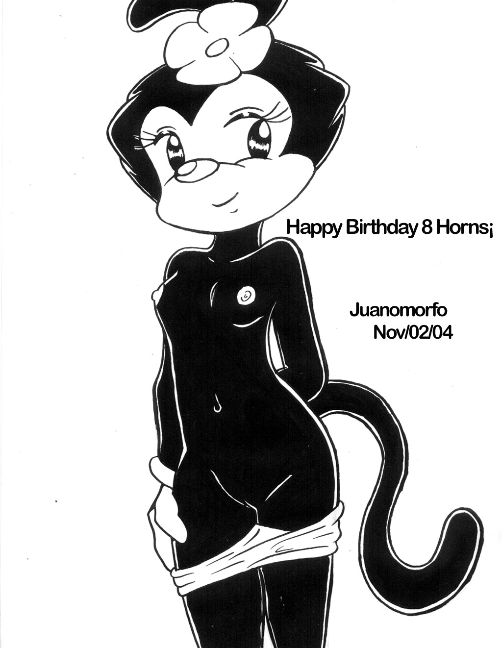 2004 animaniacs anthro black_fur breasts clothes dot_warner female female_only flower front_view fur furry juanomorfo monochrome nipples panties solo standing tagme topless vulva white_fur