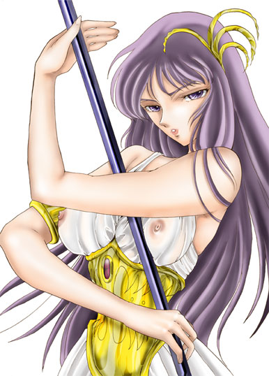 1girls athena_(saint_seiya) breasts dress female female_only goddess long_dress long_hair miryuku nipples purple_hair saint_seiya saori_kido shounen_jump solo tagme