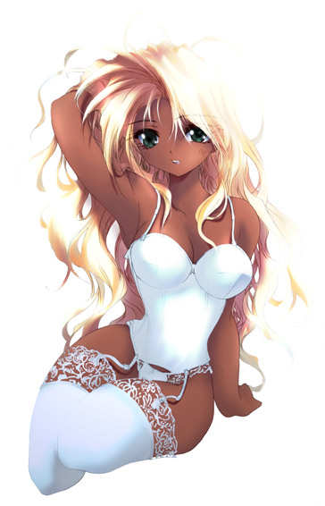 1girls 2002 angel bastard!! blonde_hair breasts bustier corset curvaceous dark-skinned_female dark_skin female garters green_eyes humanoid large_breasts lingerie long_hair michael_(bastard!!) odagiri_sakura shounen_jump solo thighhighs underwear white_background white_legwear white_thighhighs