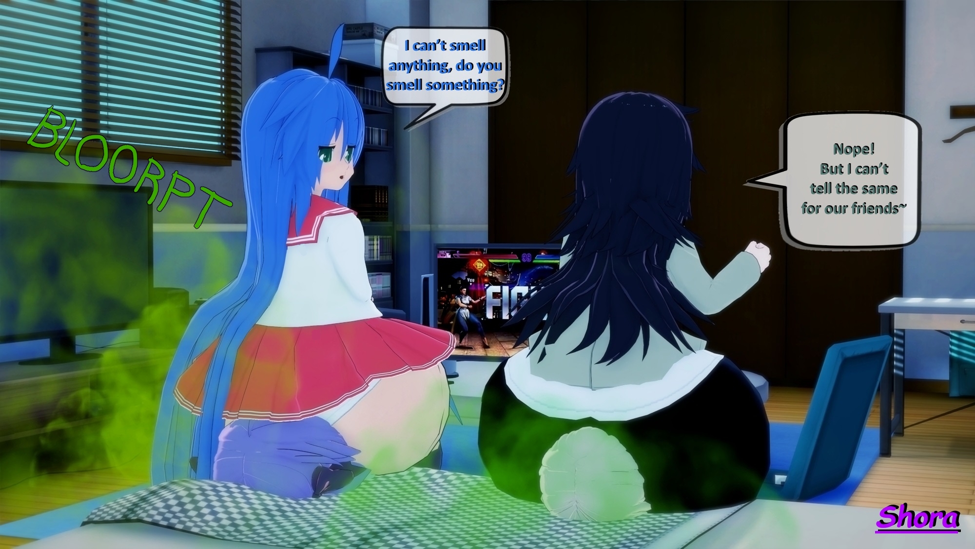 4girls, asphyxiation, big ass, big thighs, bullying, cute, cute face, domination, face fart, facefarting, facesitting, fart, fart in face, fart in nose, fart on face, fart torture, farting, farting in face, farting in nose, farting on face, fat ass, female, female only, gamer girl, huge ass, huge butt, huge thighs, human chair, humiliation, konata izumi, kuroki tomoko, lucky star, making fun of, playing videogame, school uniform, schoolgirl, shora gasniffa, sitting on another, sitting on face, suffocation, tagme (character), thick, thick ass, thick legs, thick thighs, watamote, watashi ga motenai no wa dou kangaetemo omaera ga warui!, wink