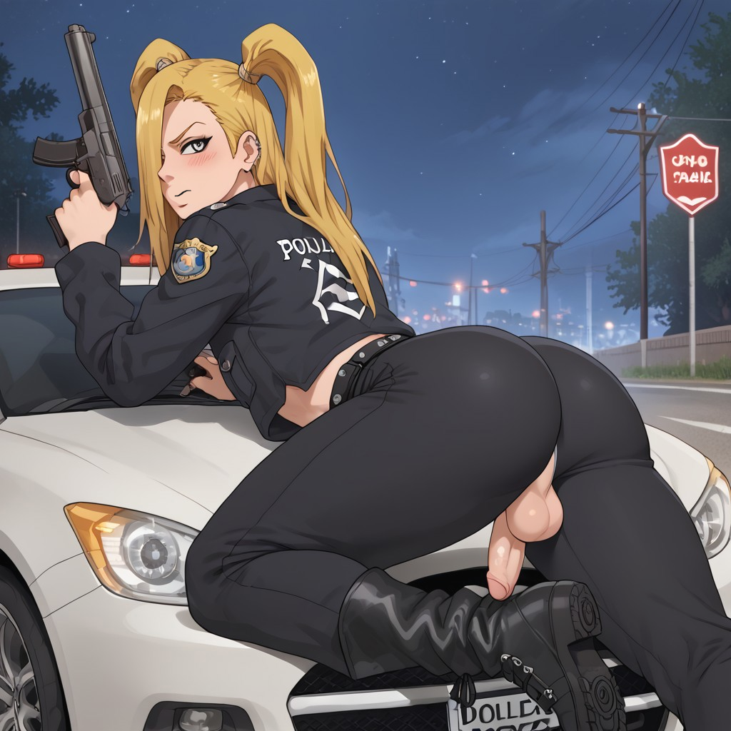 1boy ai_generated balls belly blonde_hair blue_eyes blush deidara femboy huge_ass leaning male nails_painted naruto naruto_(series) naruto_shippuden nipples police police_hat police_uniform presenting sissy small_penis smaller_male street text twintails yaoi