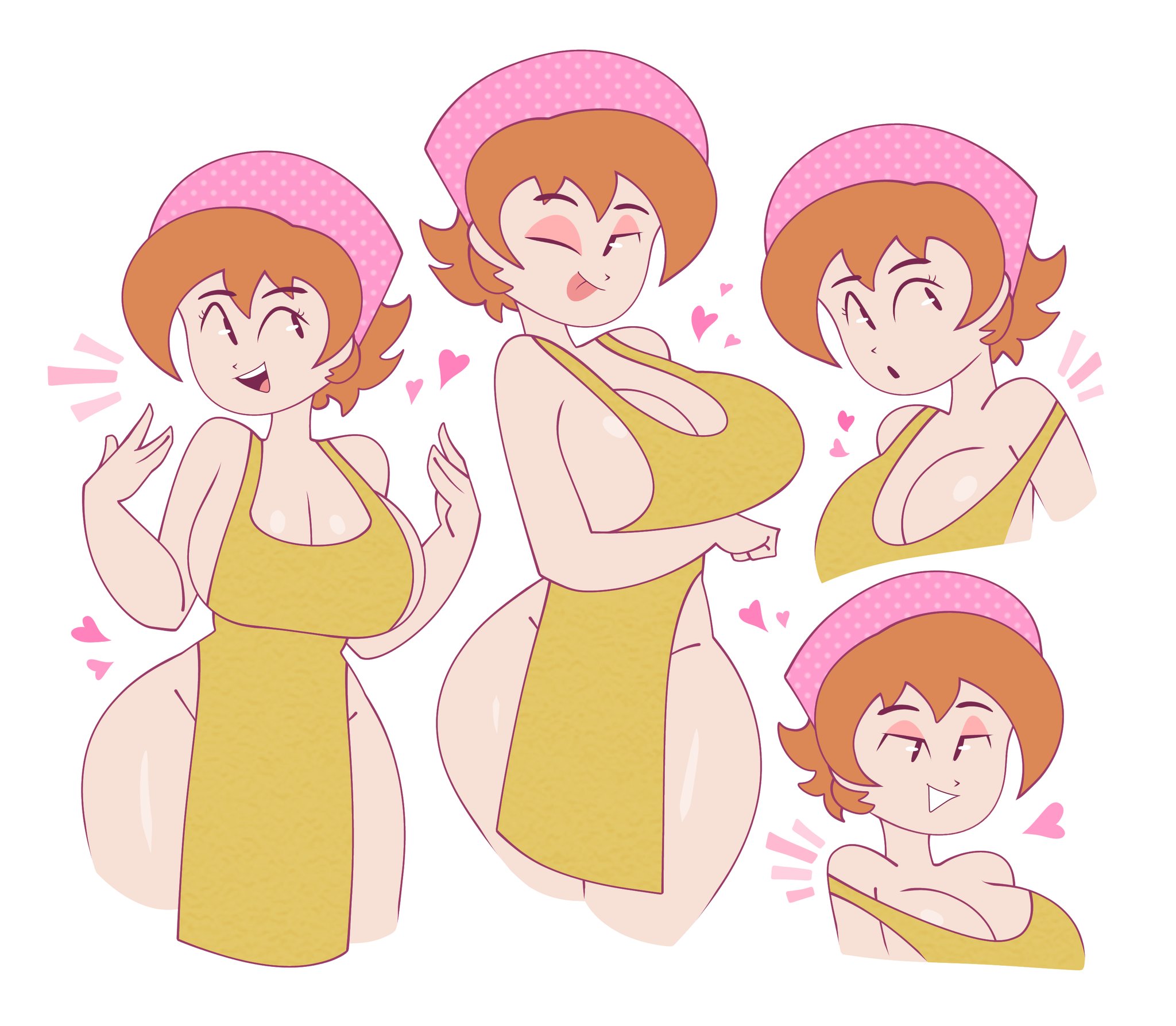 1girls, apron, apron only, big breasts, breasts, brown hair, cjdraws 3, cleavage, close-up, cooking mama, eyeshadow, female, female only, hair, half-closed eyes, headwear, heart, hips, huge breasts, mama (cooking mama), mature, mature female, mature woman, milf, mother, multiple views, naked apron, one eye closed, smile, solo, solo female, thighs, tongue, tongue out, wide hips, wink, winking, yellow apron