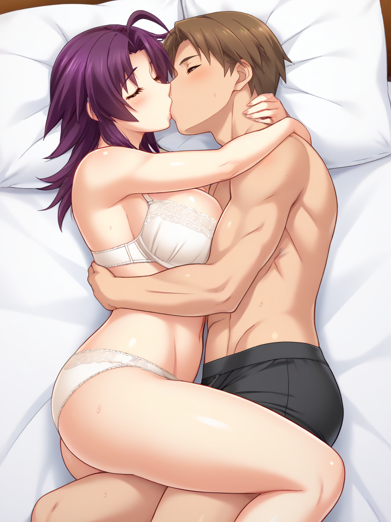 1boy abs ai_generated arms_around_neck ass azuma_marina bed big_breasts black_underwear brown_hair couple cuddling female female hugging isogil kashidashi_tsuma_marina_no_"netorase"_houkoku_binkan_tsuma_to_zetsurin_daigakusei kissing kissing muscles muscular_male nude pectorals purple_hair white_bra white_panties yellow_eyes