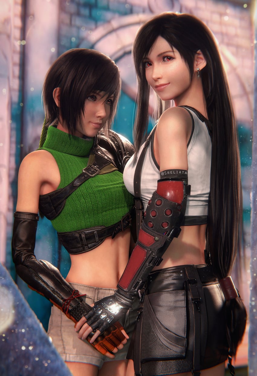 2girls belly_button big_breasts black_hair clothed clothed_female earrings final_fantasy final_fantasy_vii final_fantasy_vii_remake girls girls_only gloves holding_hands long_hair red_eyes short_skirt shorts skirt small_breasts smile sreliata_(artist) tifa_lockhart tummy yuffie_kisaragi