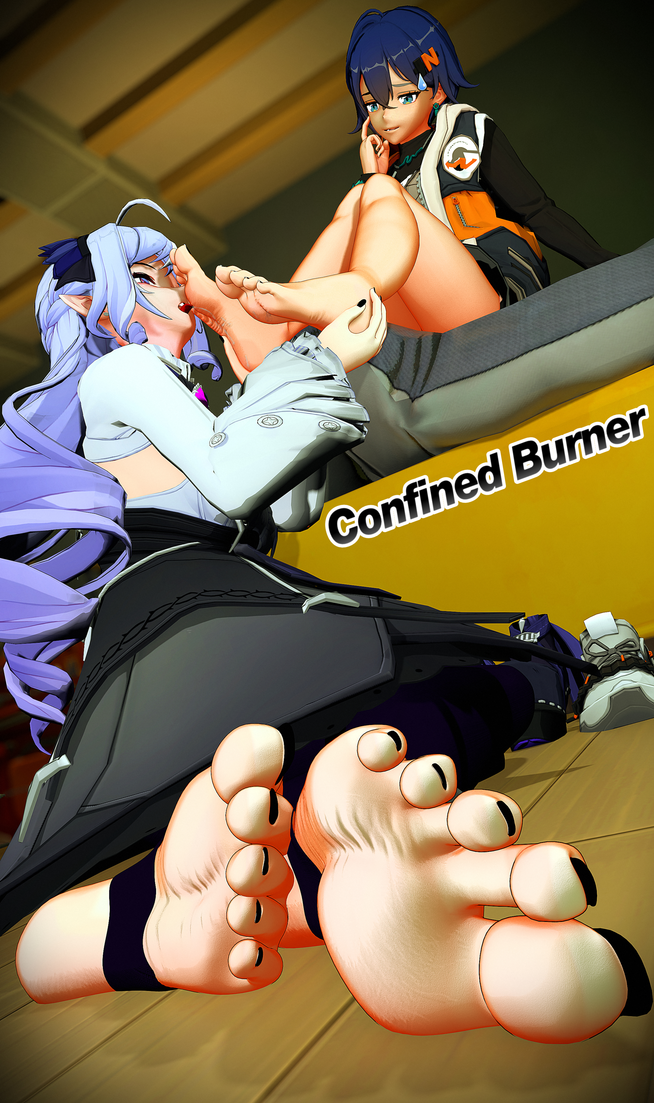 2girls, barefoot, belle (zenless zone zero), confinedburn, feet, female, foot fetish, foot focus, foot licking, foot worship, submissive, submissive female, vivian (zenless zone zero), vivian banshee, yuri, zenless zone zero