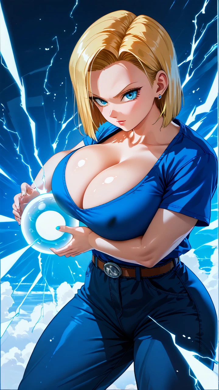 1girls ai_generated android_18 big_breasts blonde_hair blue_eyes breasts cleavage curvy dragon_ball dragon_ball_z female huge_breasts jiuyang-hsien large_breasts light-skinned_female light_skin short_hair solo thick_thighs top_heavy